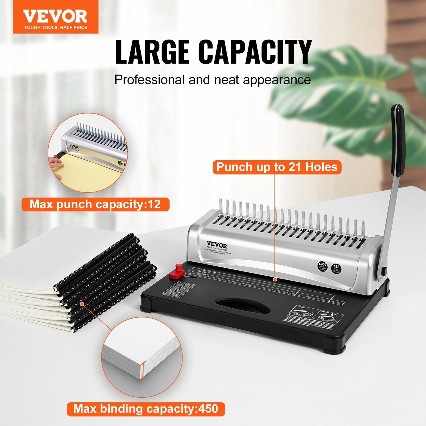 Comb Binding Machine for 450 Sheets - 21-Hole Binder with 100 Spines