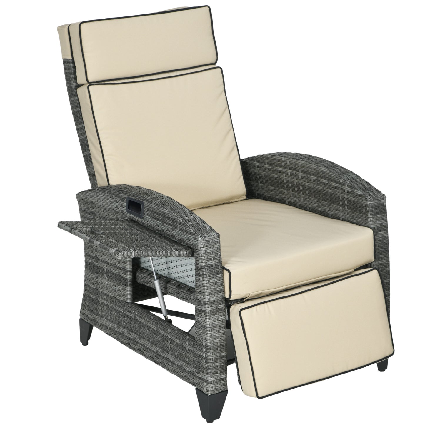 Outdoor Recliner Chair with Cushions and Tray Table - Khaki