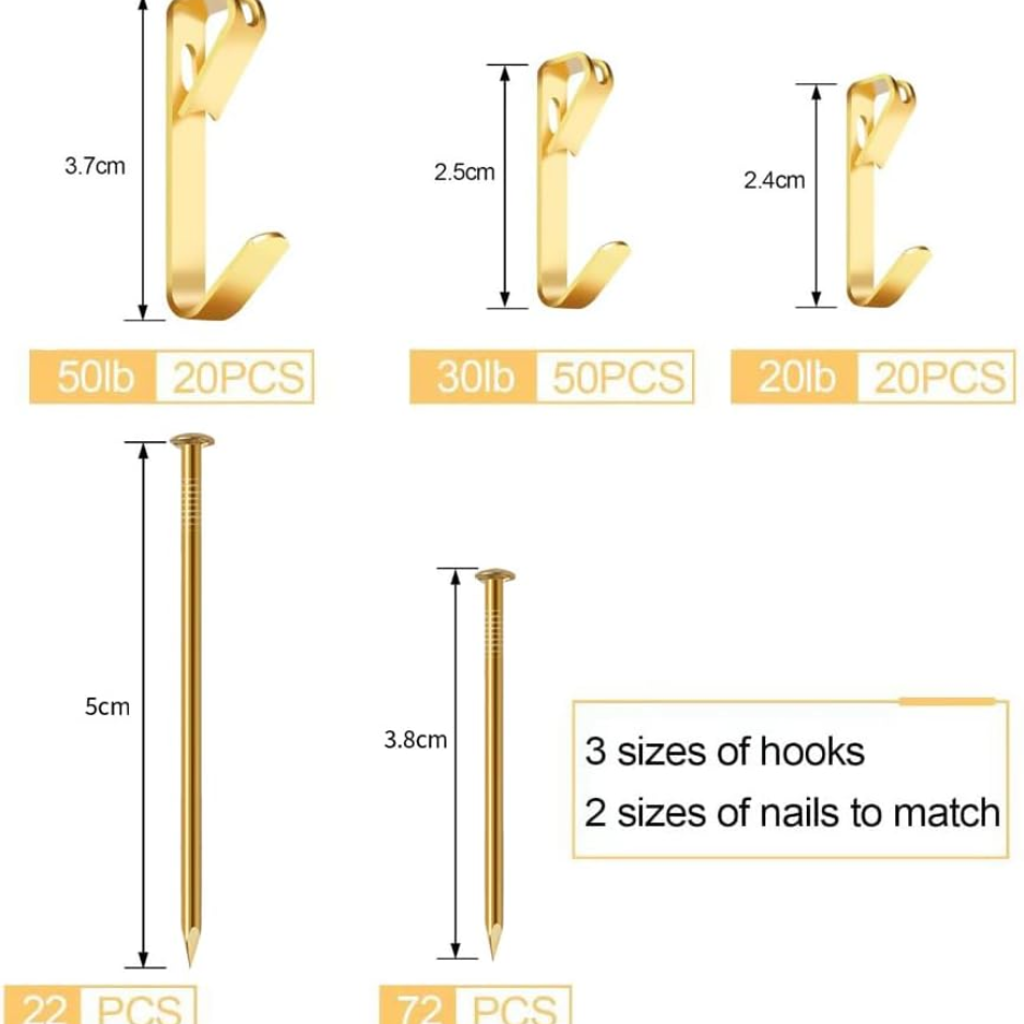 184-Piece Picture Hanging Kit with Heavy-Duty Metal Hooks - Gold