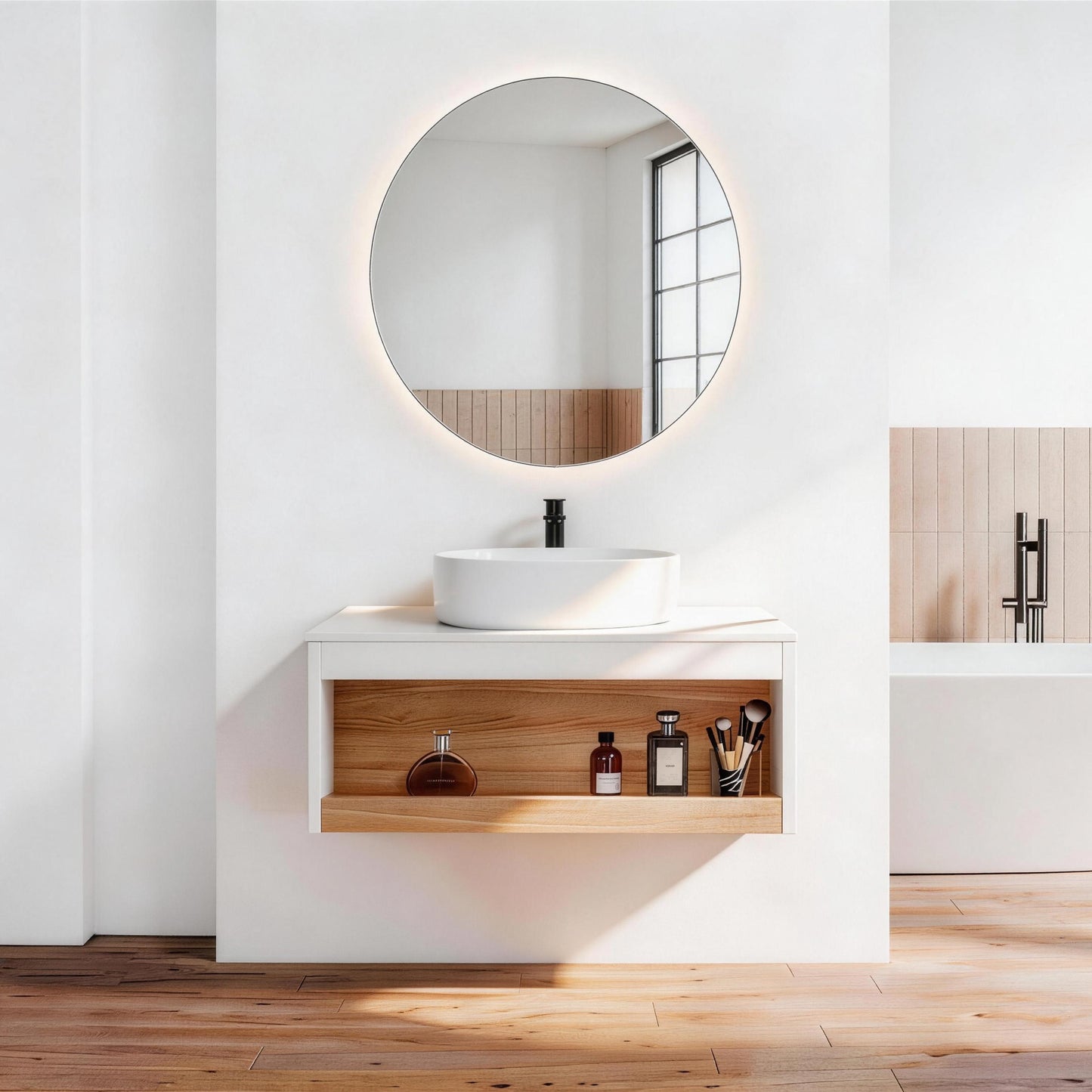 30" Wall-Mounted Bathroom Vanity with Glossy White Vessel Sink