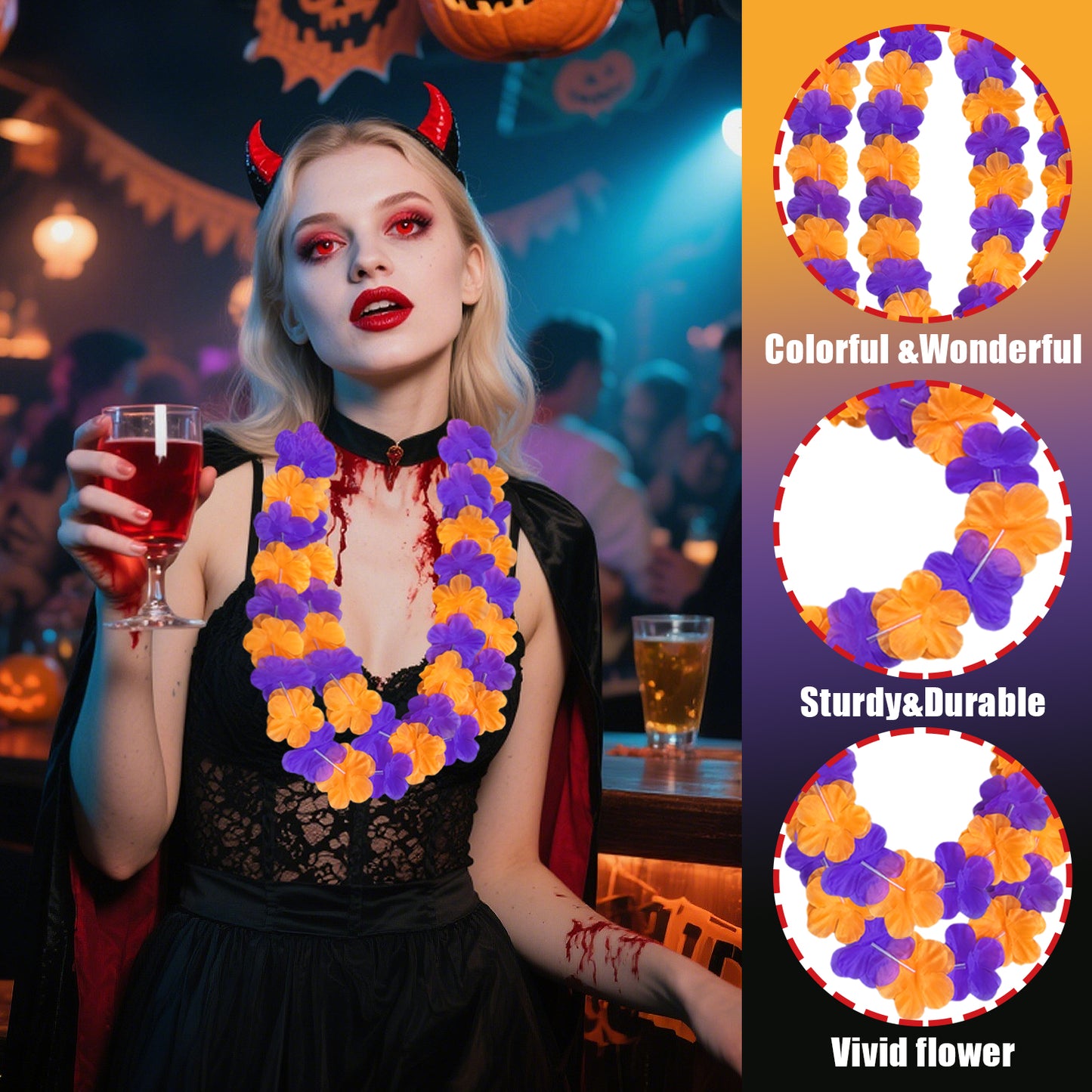 24 Pcs Halloween Flower Leis - Orange & Purple