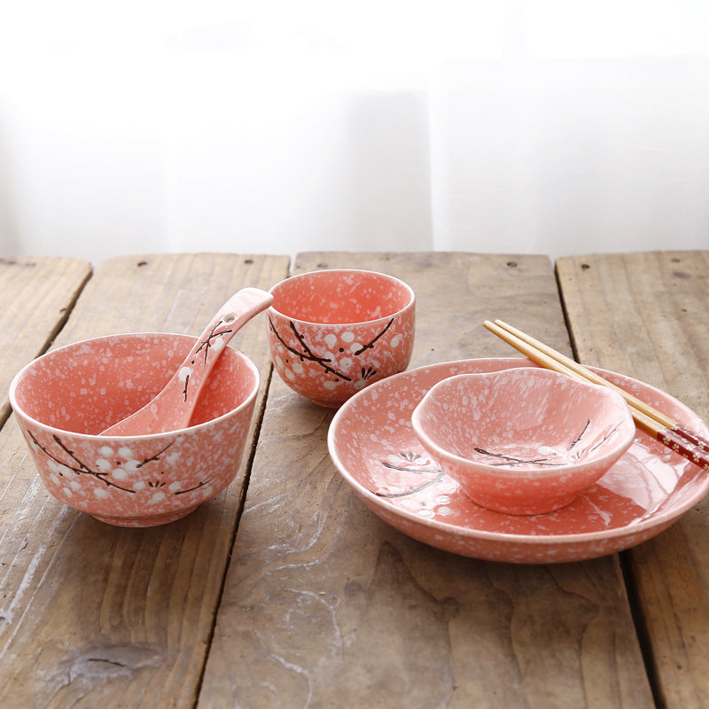 Japanese Style 6-Piece Rice Bowl Set with Chopsticks, Plates & Saucers