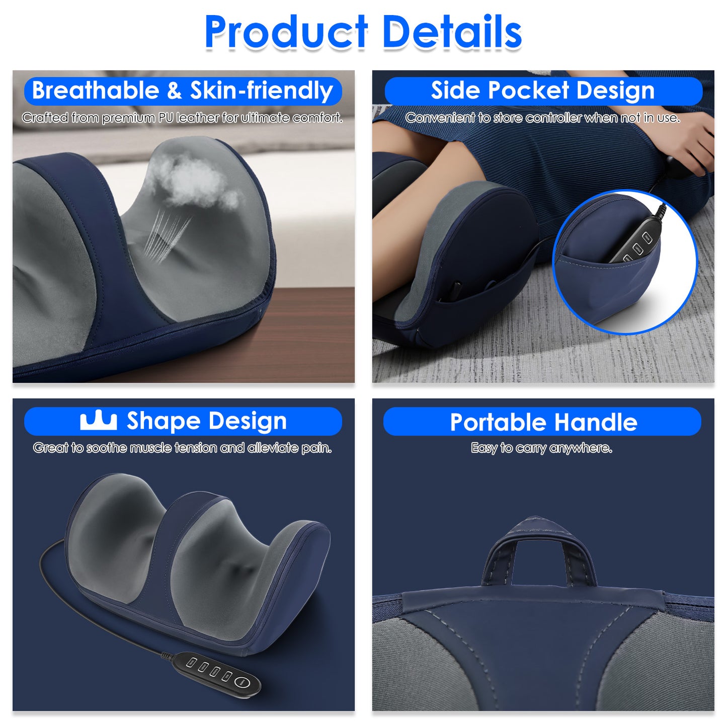 Shiatsu Foot and Calf Massager with Heat - 3 Modes & Intensity - Blue