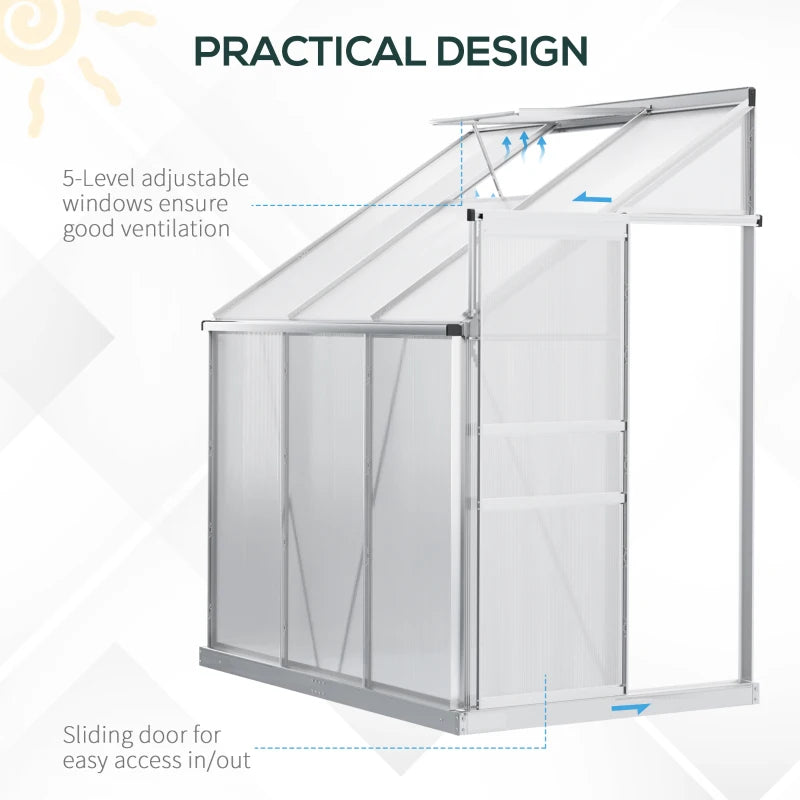 6' x 4' Aluminum Lean-To Greenhouse with Polycarbonate Panels, Adjustable Roof Vent & Rain Gutter