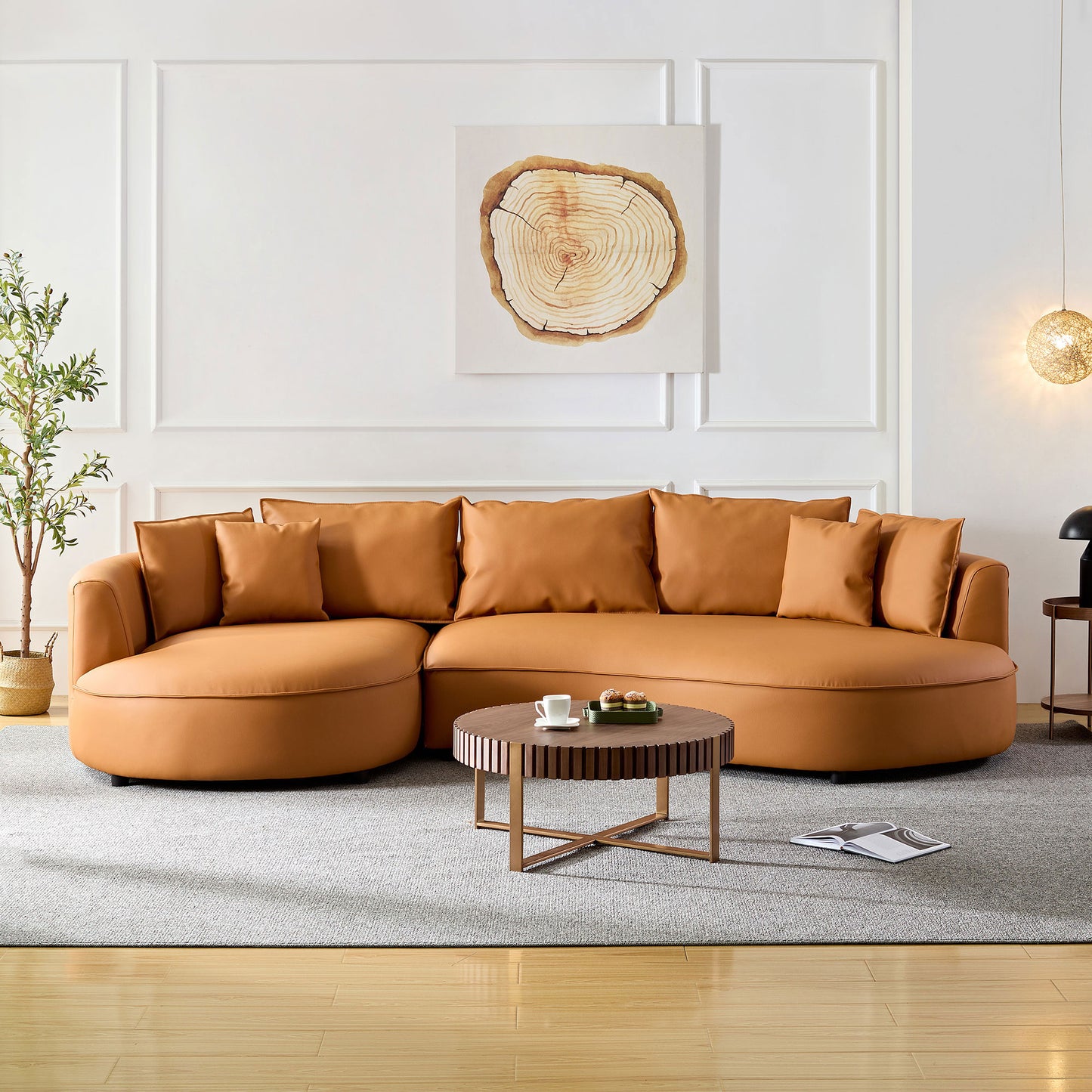 Curved 5-Seat Sofa Couch in Orange Eco-Leather for Living Room