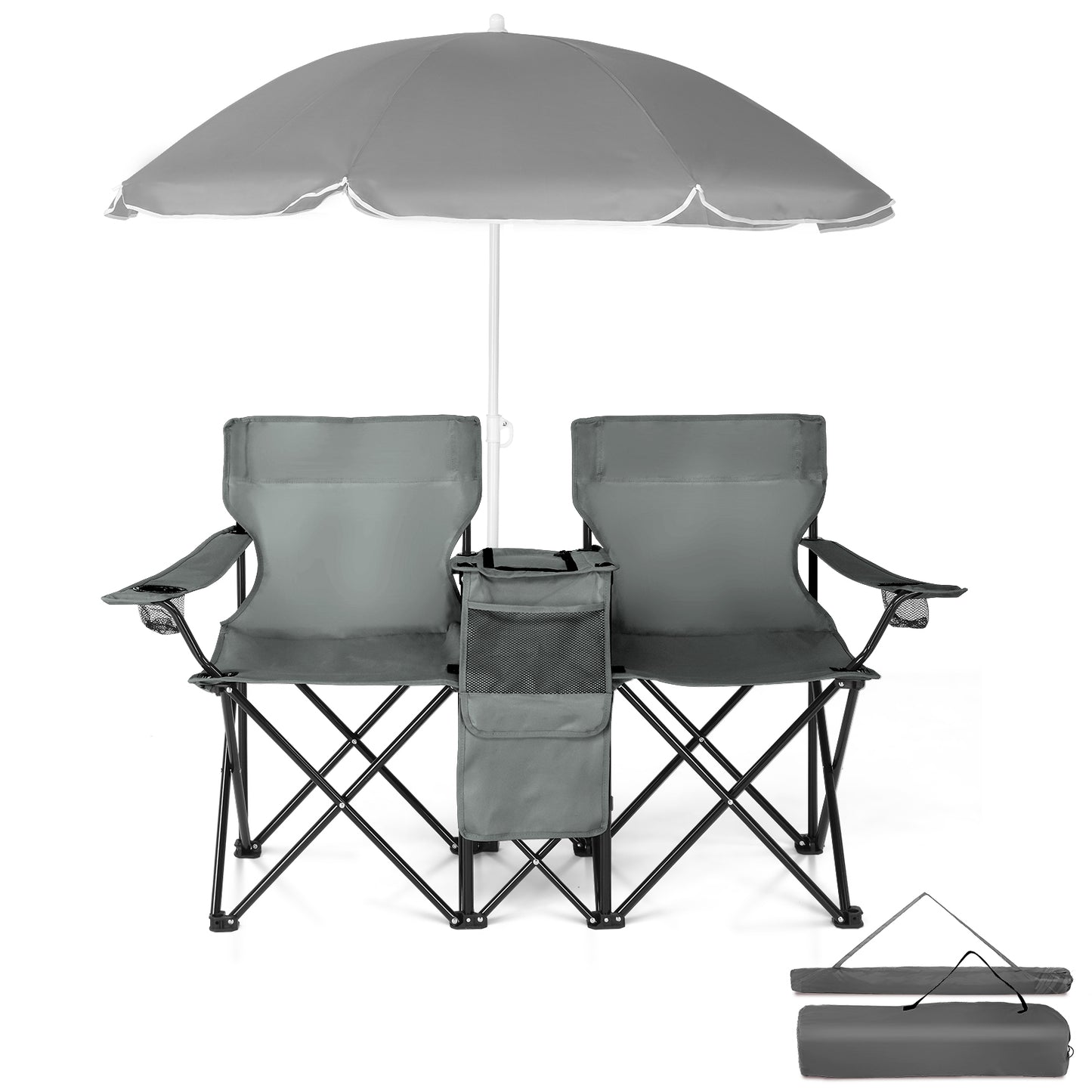 Portable Outdoor 2-Seat Folding Fishing Chair with Umbrella