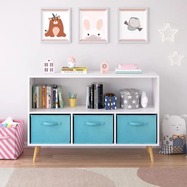 Kids Bookcase with Fabric Drawers - White/Blue Toy Organizer
