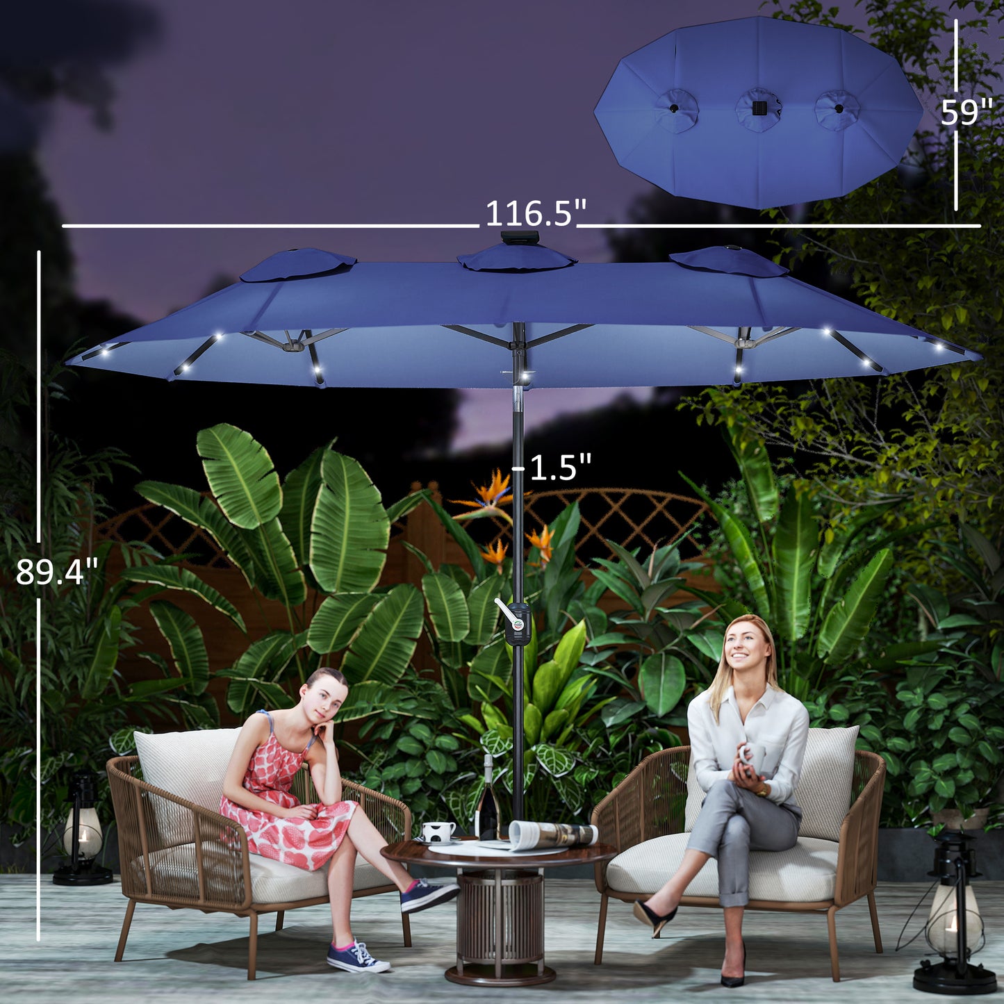 Double-Sided Patio Umbrella with Solar Lights - Navy Blue