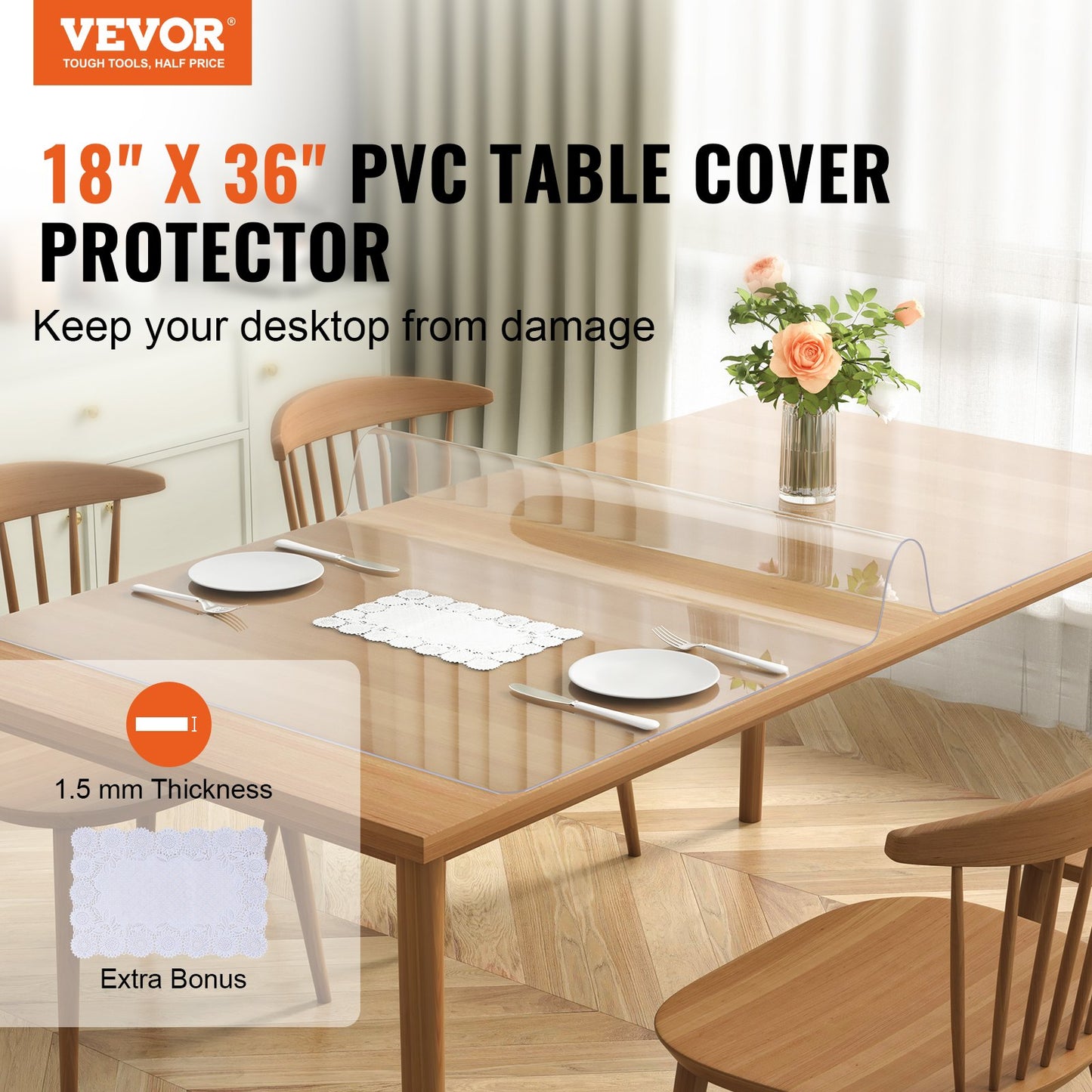 Clear PVC Table Cover Protector - 1.5mm Thick, 18x36 Inch