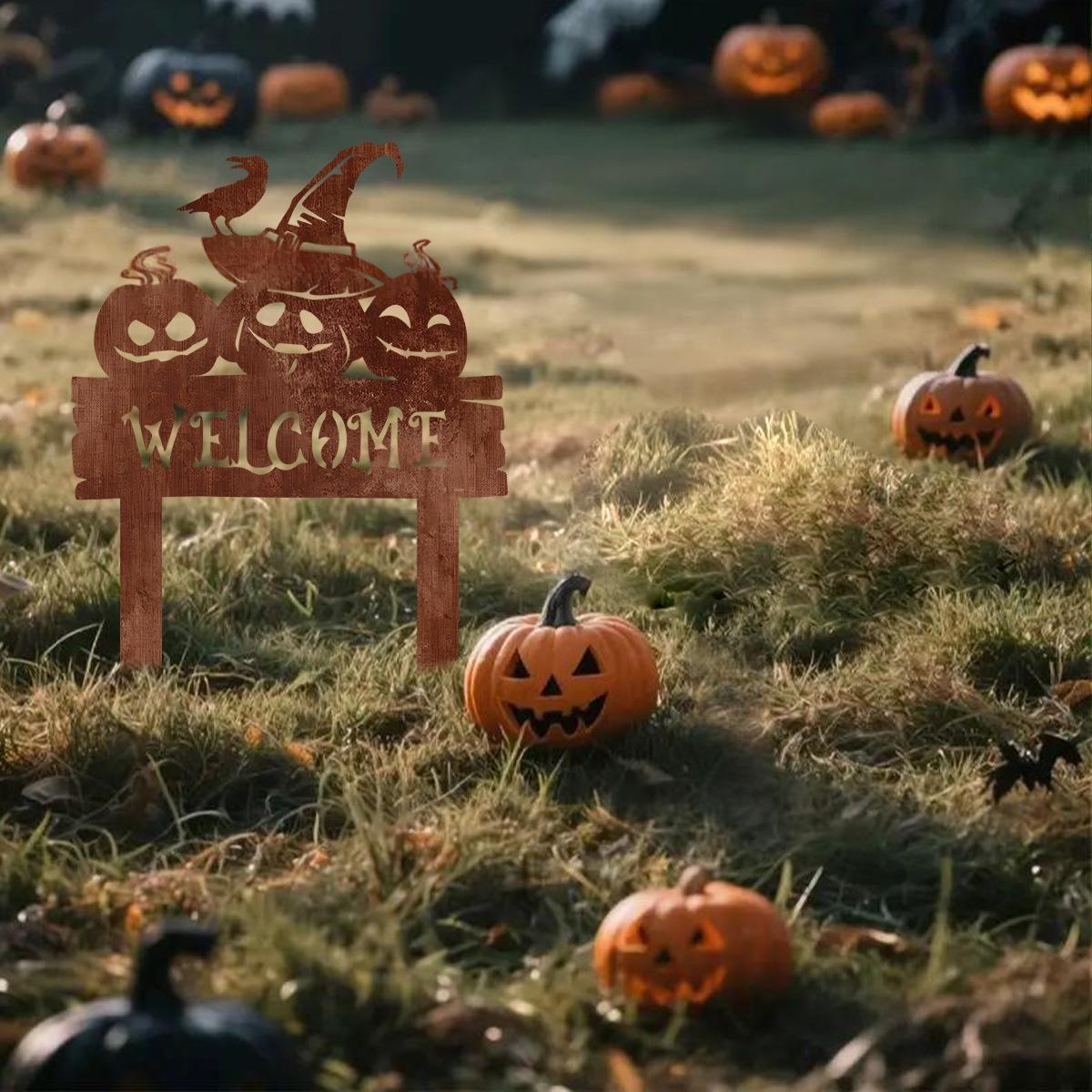 Rusted Metal Pumpkin Yard Sign with Ground Stake for Halloween Decor