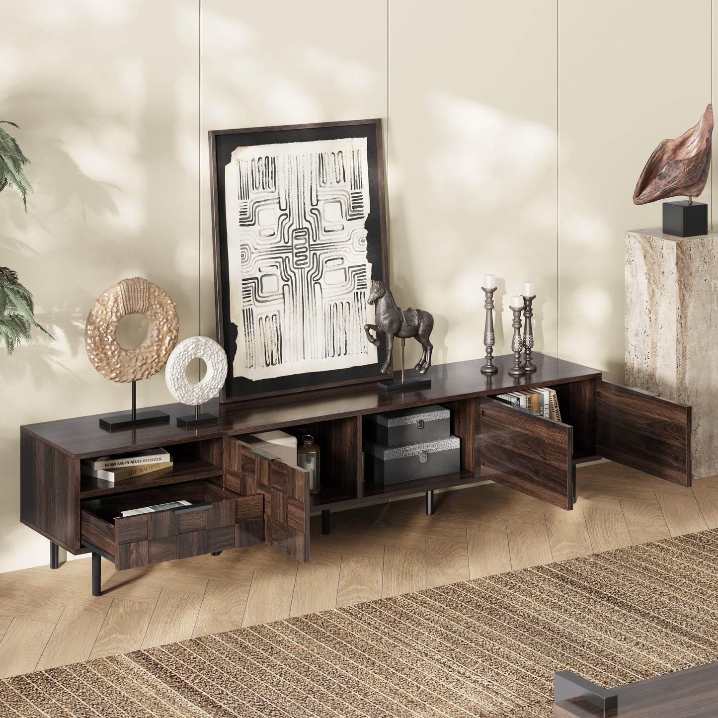 Mid Century Modern TV Stand for 65+ Inch TVs - Walnut