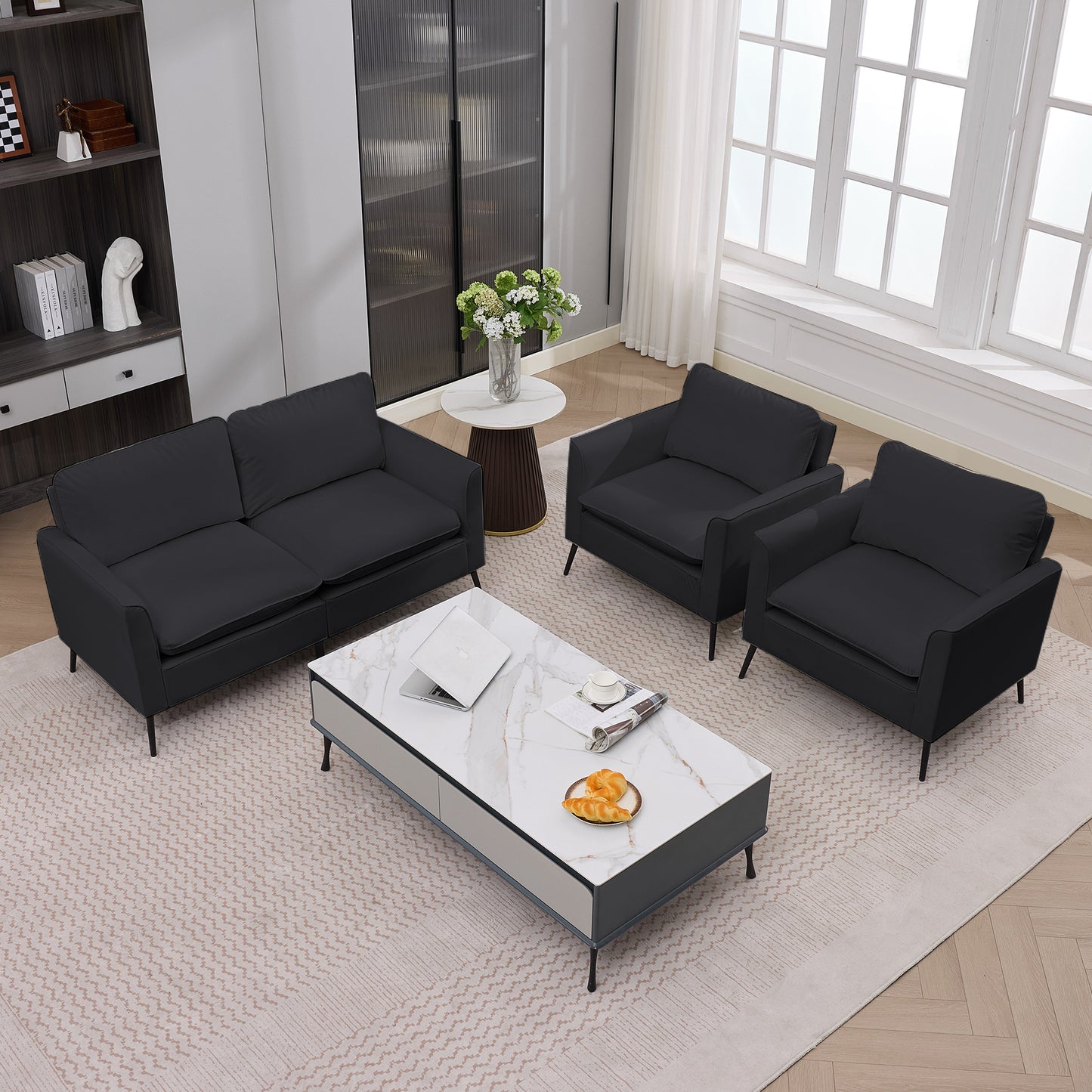 Single Casual Sofa Chair - Black Faux Leather Upholstered