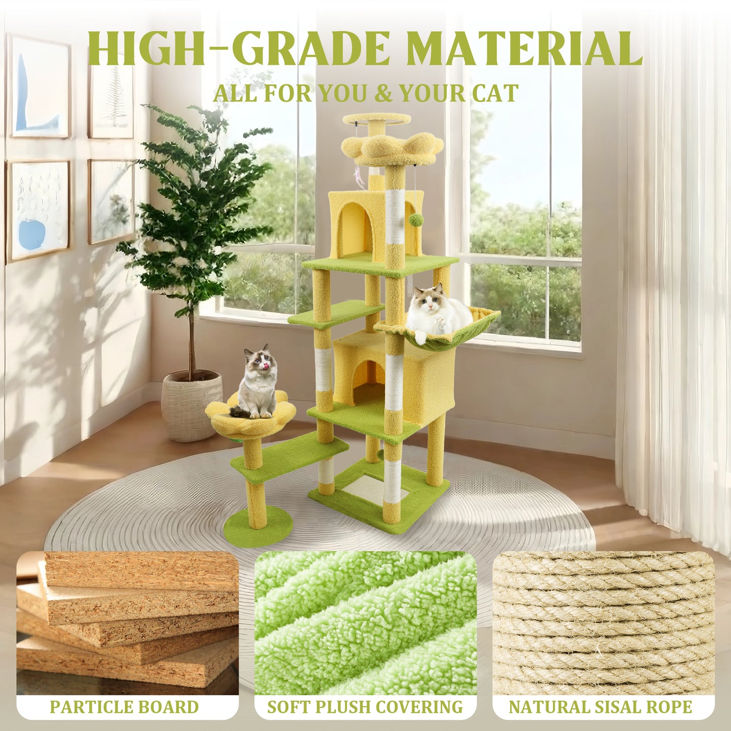 72-Inch Flower Cat Tree with Large Condo, Removable Flower Cushion & Hammock - Yellow