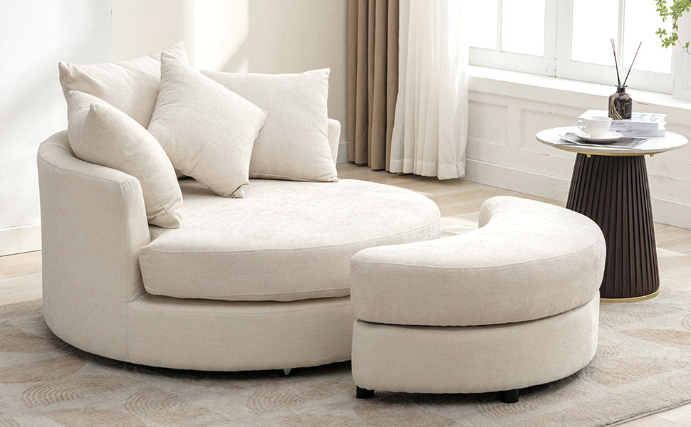 360° Swivel Accent Barrel Chair with Storage Ottoman & 4 Pillows - Cream