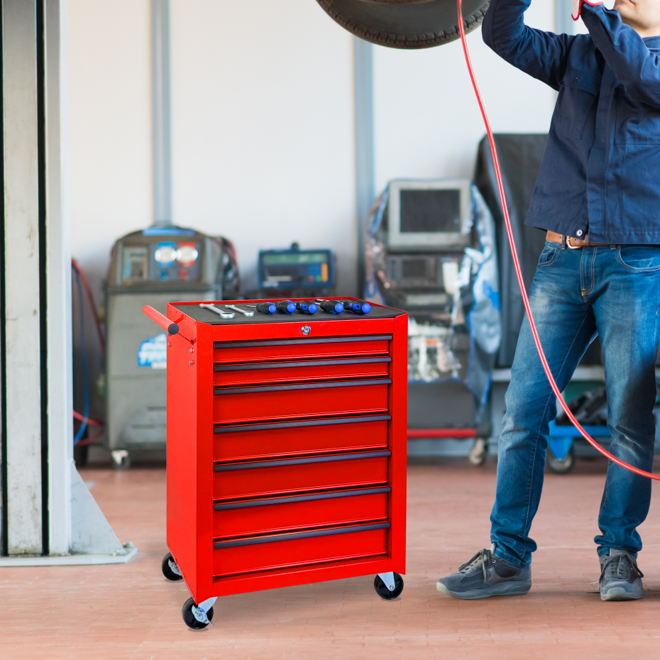 20-Inch Rolling Metal Tool Chest with 7 Drawers - Red