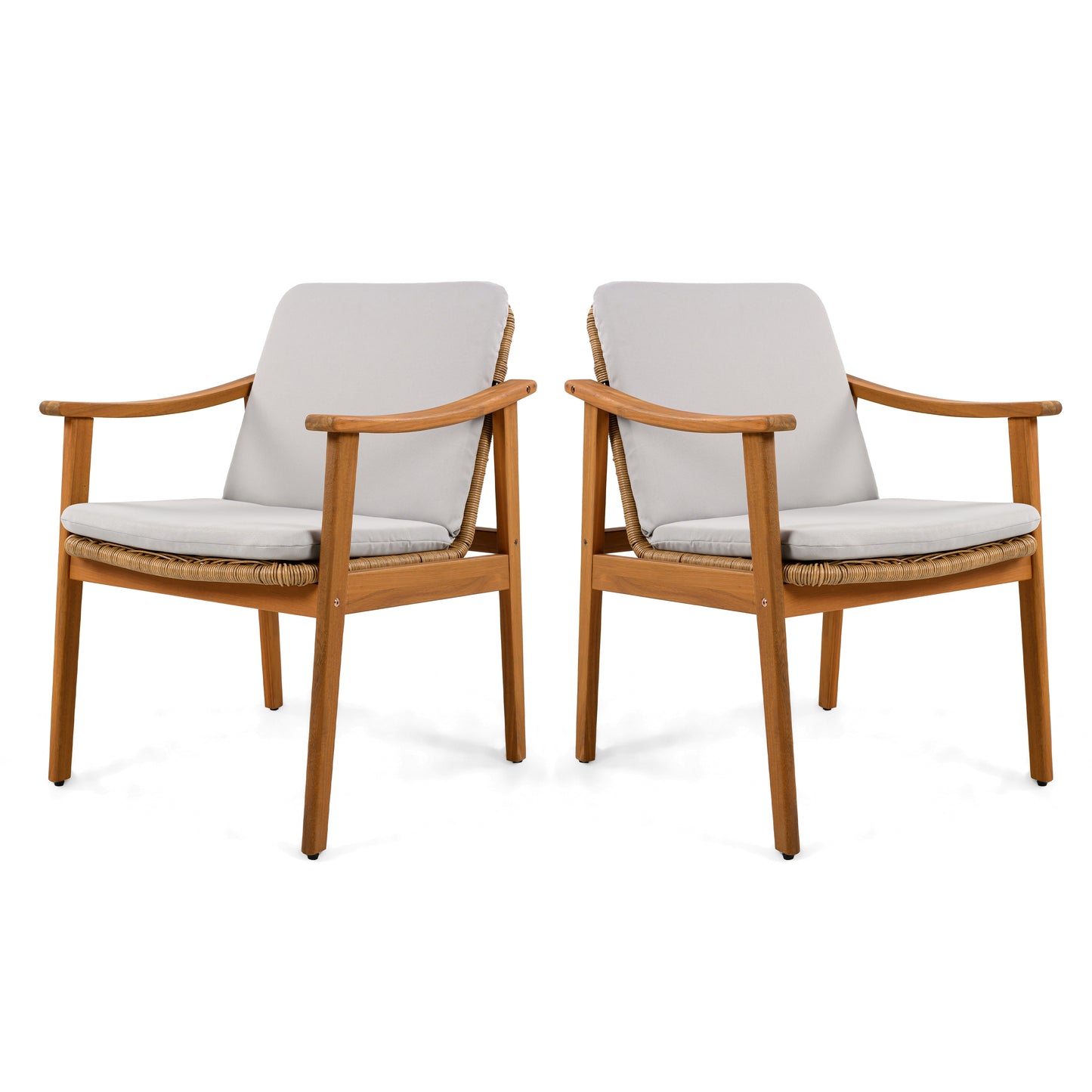 Outdoor Dining Chairs Set of 2 - Teak Acacia Wood, Grey Cushion