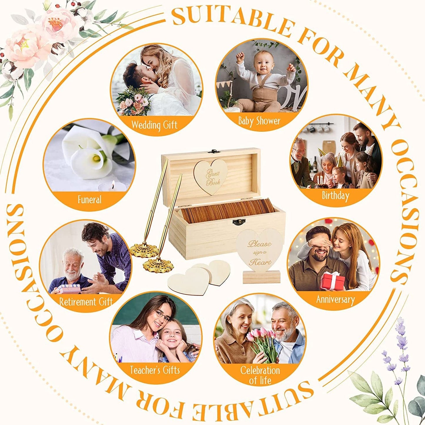 Rustic Wooden Heart Guest Book Set for Weddings & Events with Pen - Natural & Coffee Brown Options