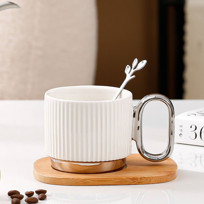 Ceramic Coffee Mug Set with Wooden Coaster and Spoon - Multiple Colors & Capacity