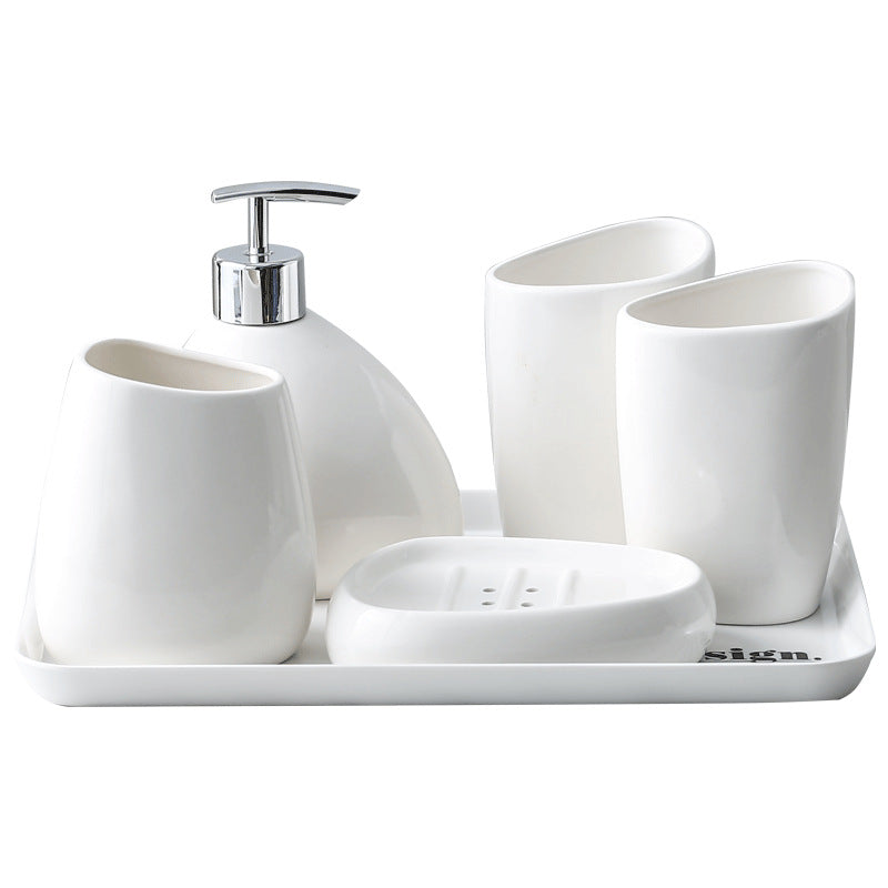 White Porcelain Bathroom 5-Piece Toiletry Set - Hotel Style