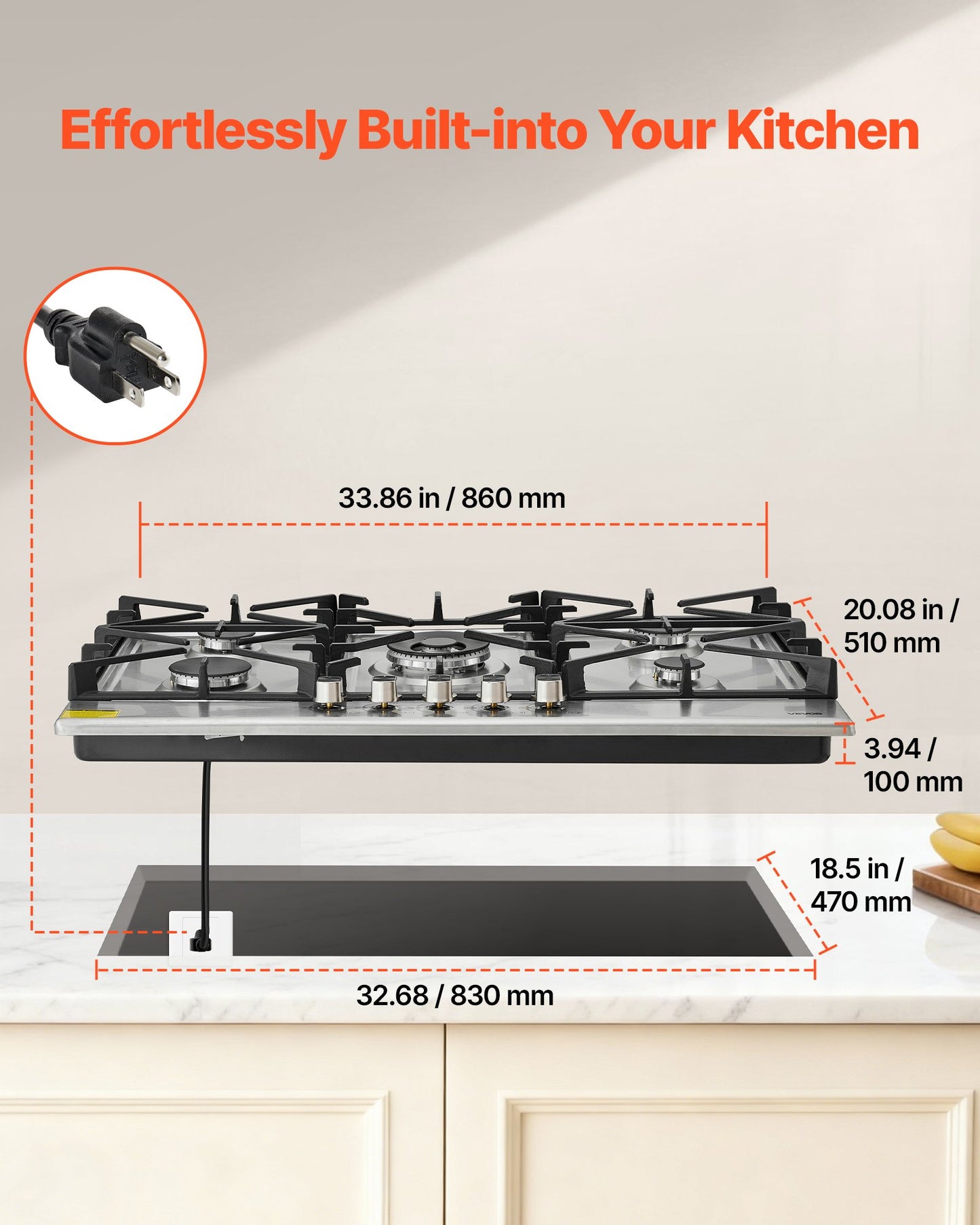 36 Inch Gas Cooktop with 5 Burners, Stainless Steel, 38300 BTU, Dual Fuel Ready