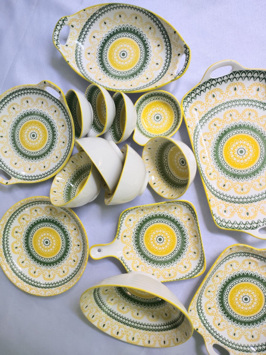 Bohemian Ceramic Dinnerware Set - 13 or 15 Piece Kitchen Plate & Cutlery Collection