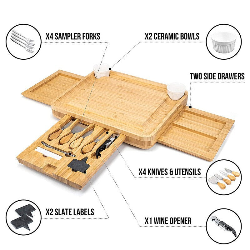 Bamboo Cheese Board Set with Stainless Steel Knives, Square 33x39cm