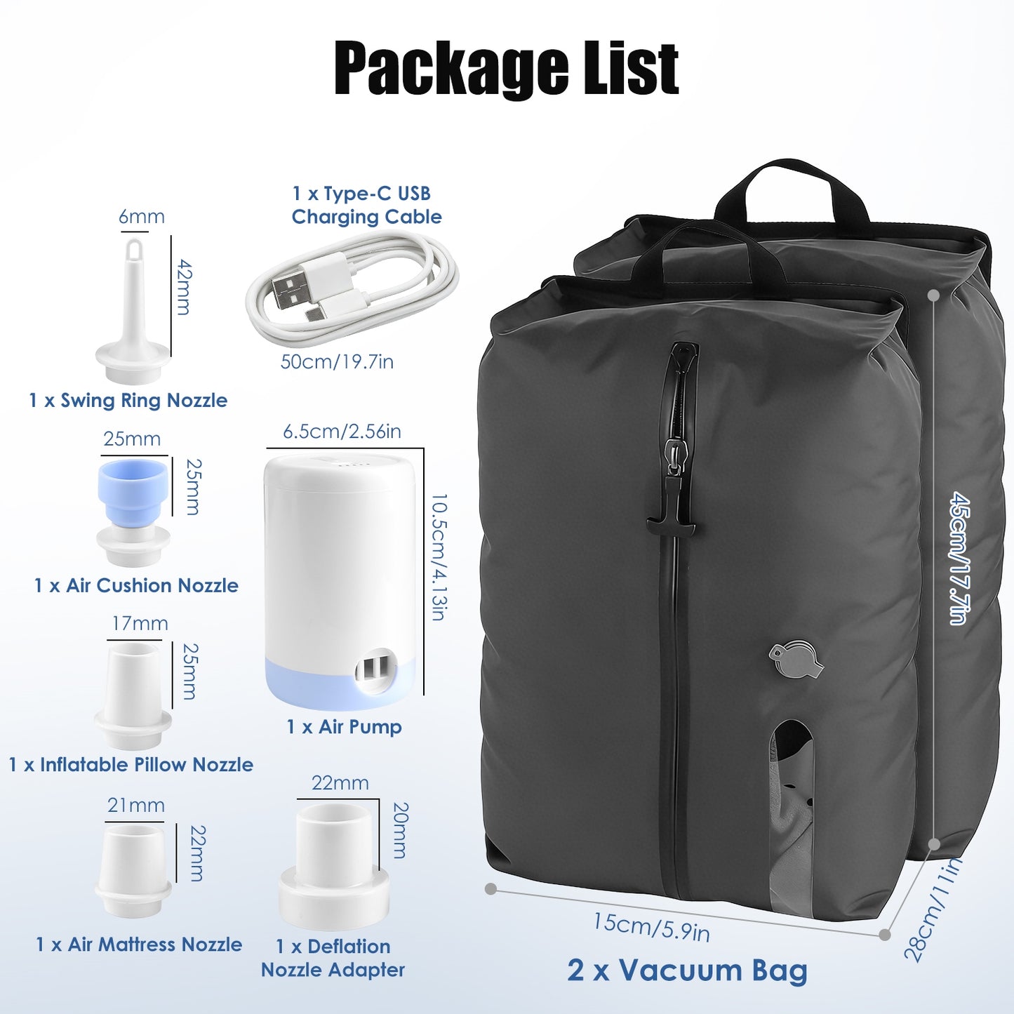2Pcs 17L Vacuum Bags With Pump Clear Window Handle IP67 Waterproof