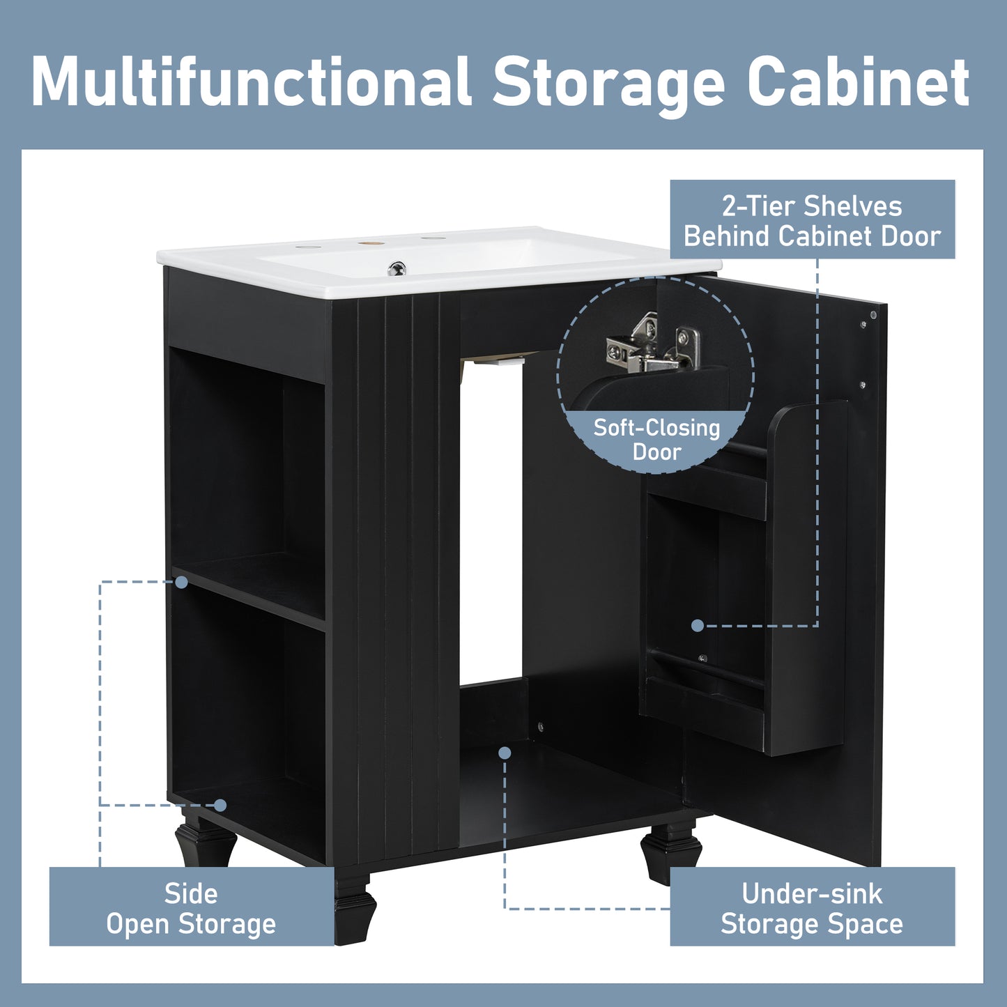 24" Bathroom Vanity with Sink - Solid Wood, Soft Closing Door, Black