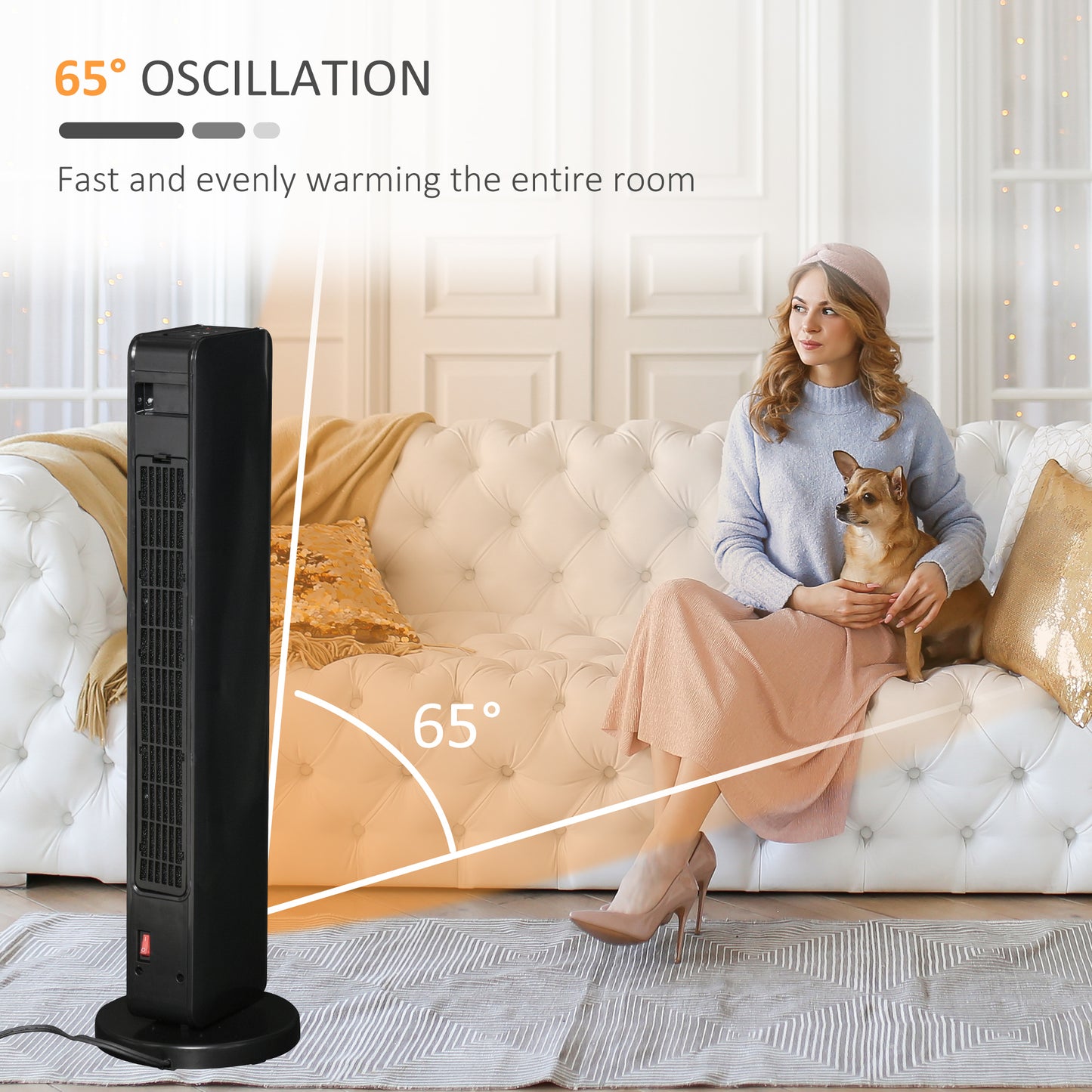 Portable Electric Tower Space Heater with Remote, 750W/1500W, Oscillating, Timer - Black