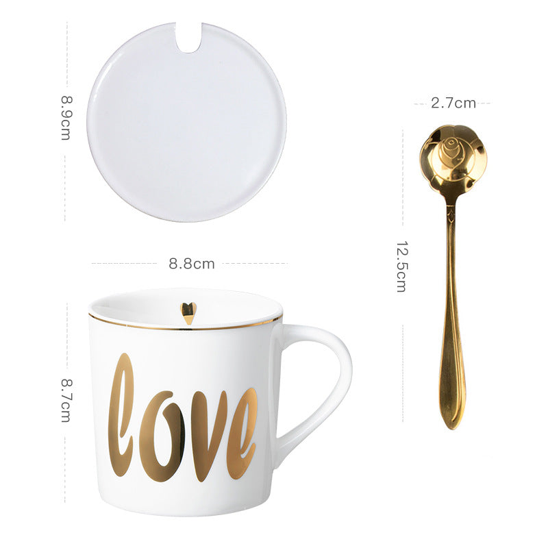 Luxury Coffee Mug with Lid and Spoon - Heart, LOVE, Star Style