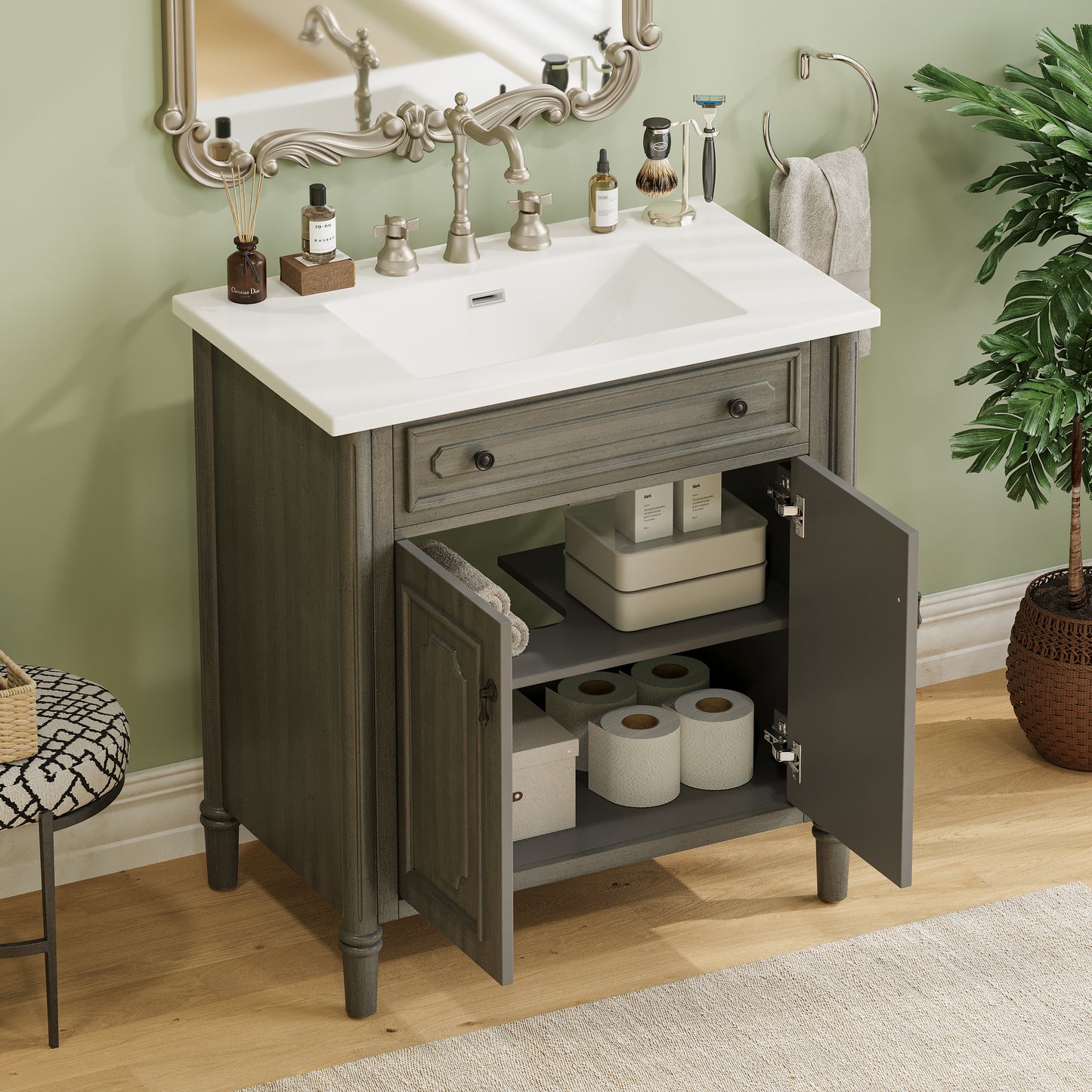 30-Inch Vintage Bathroom Vanity with Sink - Rustic Gray Cabinet