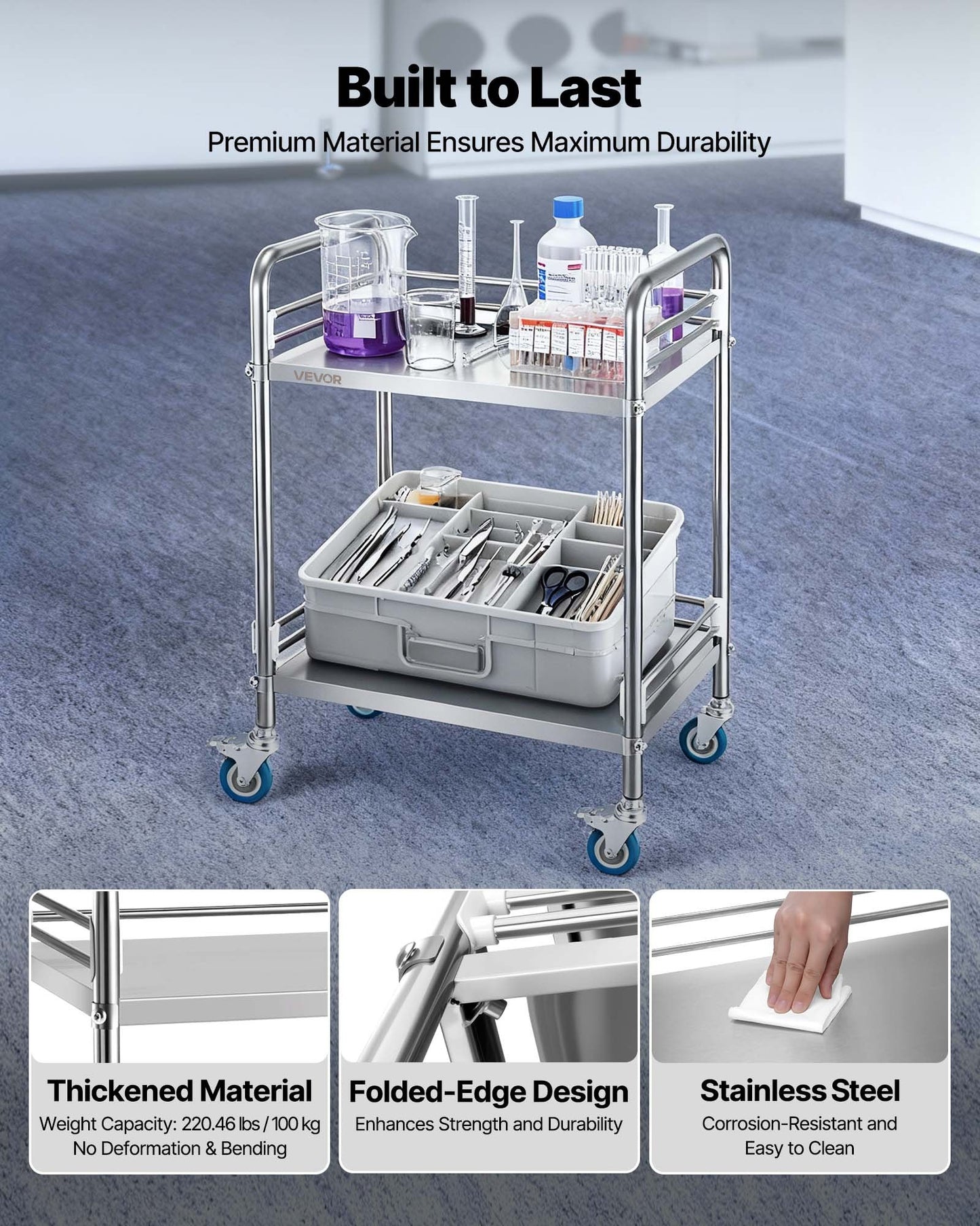 Stainless Steel Utility Cart with Lockable Wheels - 2-Tier Mobile Service Trolley for Hospital, Restaurant, Kitchen, Salon
