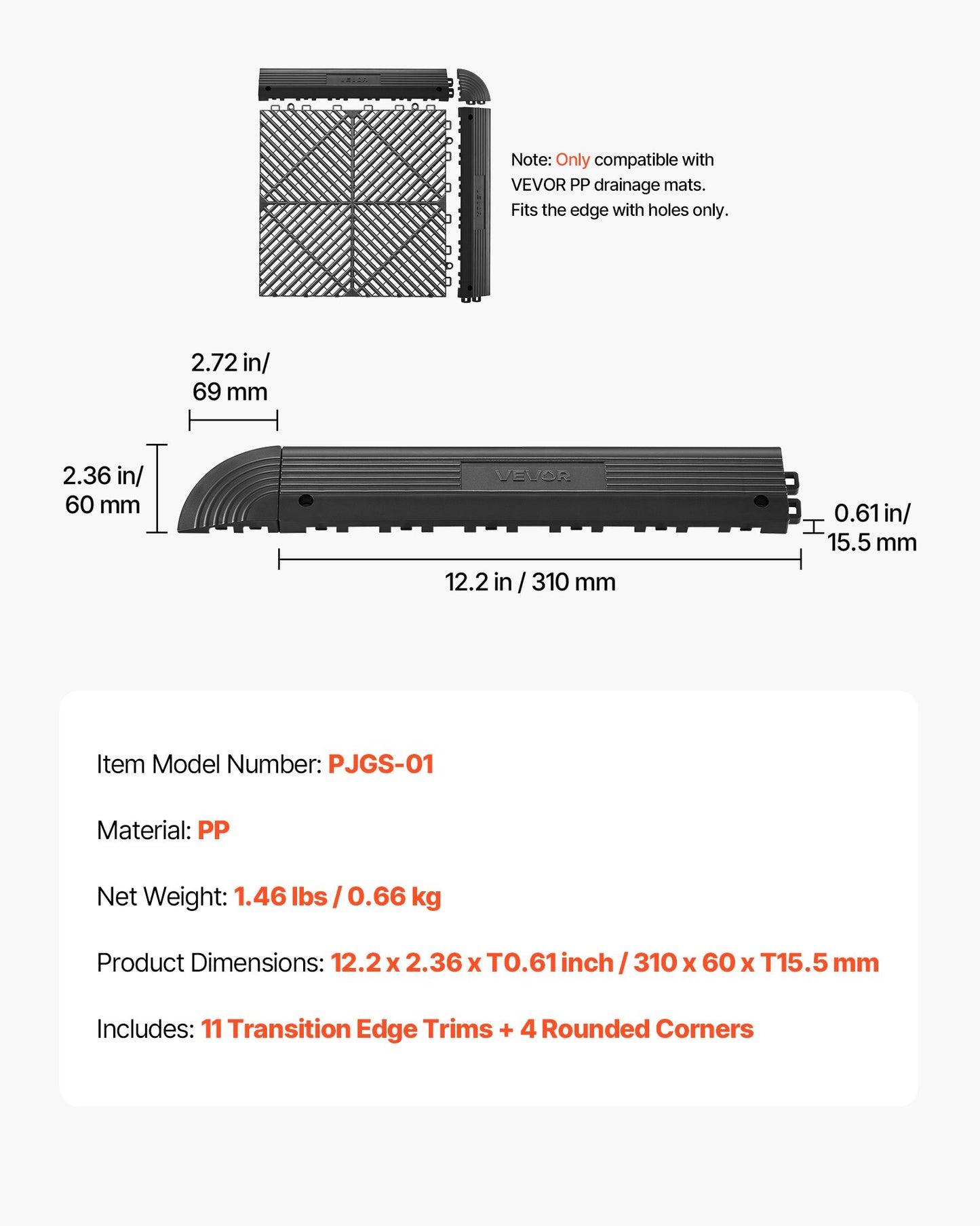 Garage Floor Transition Edge Kit 11-Piece Black Durable Edging for Wet Areas