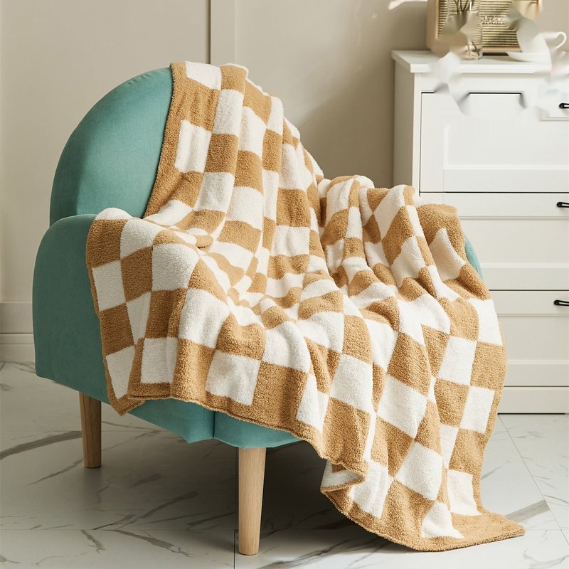 Large Retro Plaid Wool Blanket with Half Velvet Knit Sofa Cover