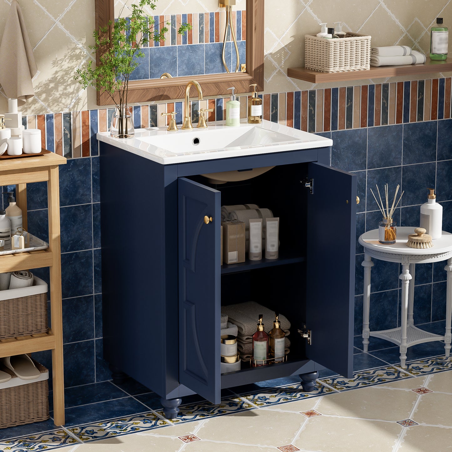 24" Blue Modern Bathroom Vanity with Ornate Design & Soft-Close Hinges