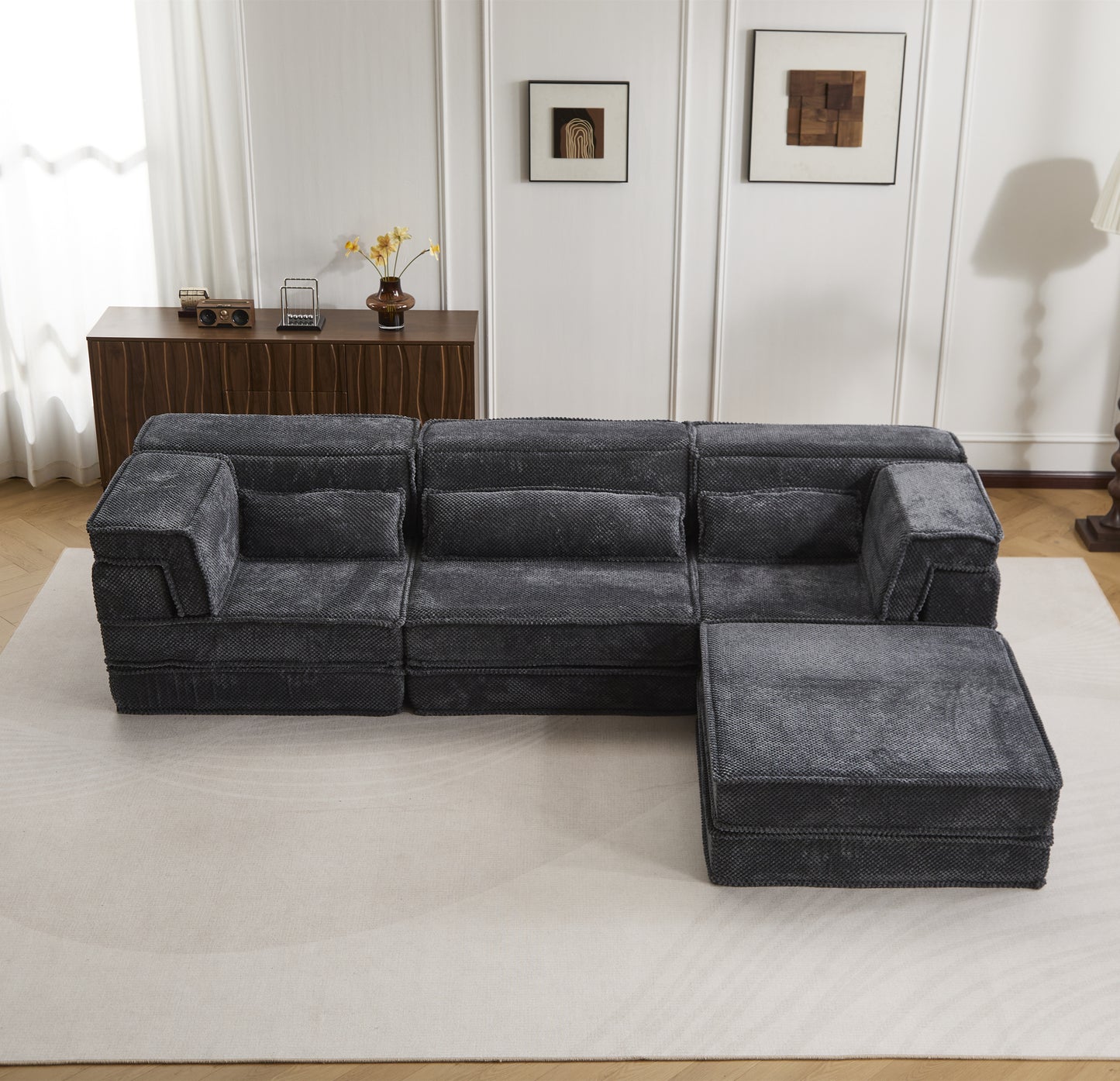 Convertible Floor Sofa Bed with Ottoman - Dark Grey