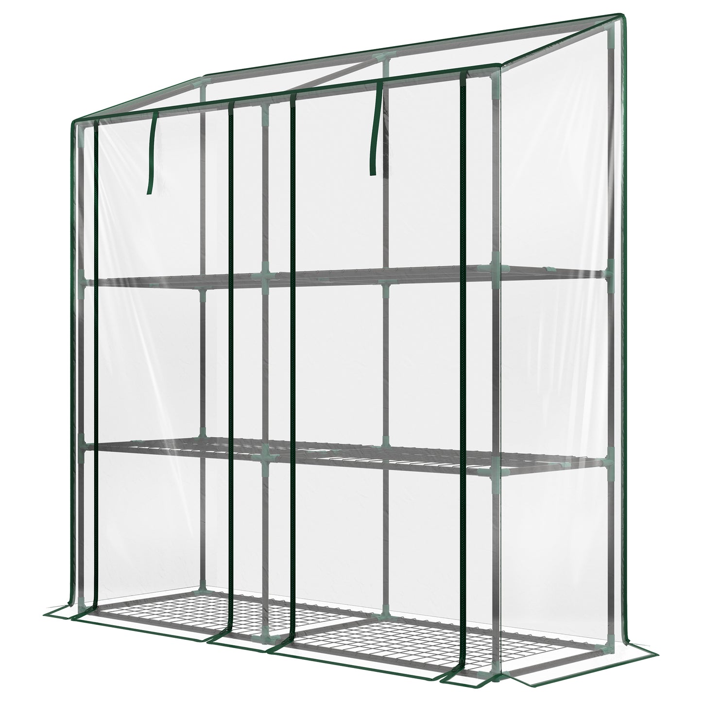 Clear Lean-To Greenhouse with Three-Tier Shelves