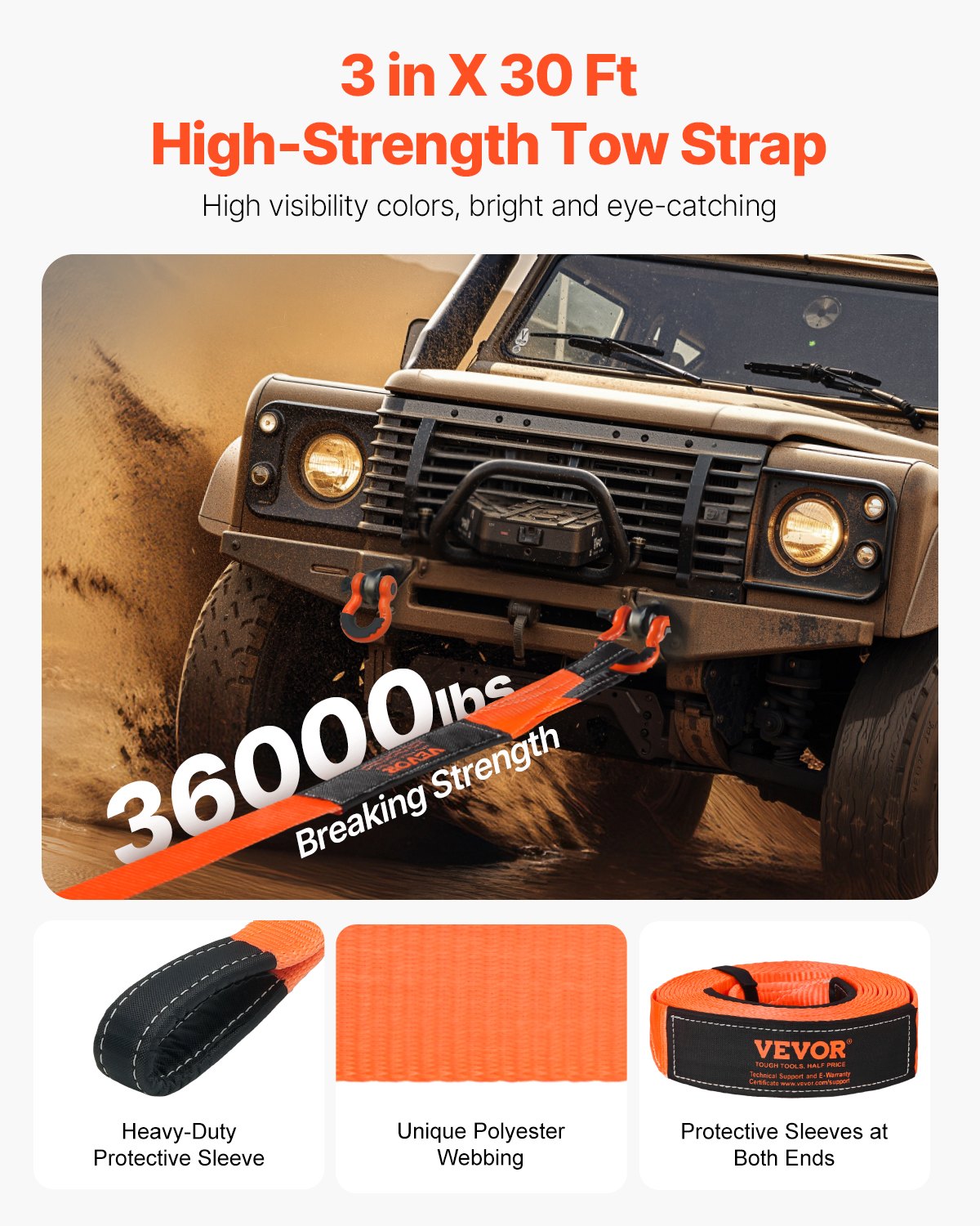 Heavy Duty Tow Rope 36,000 lbs Capacity 30ft Emergency Towing Strap - Orange