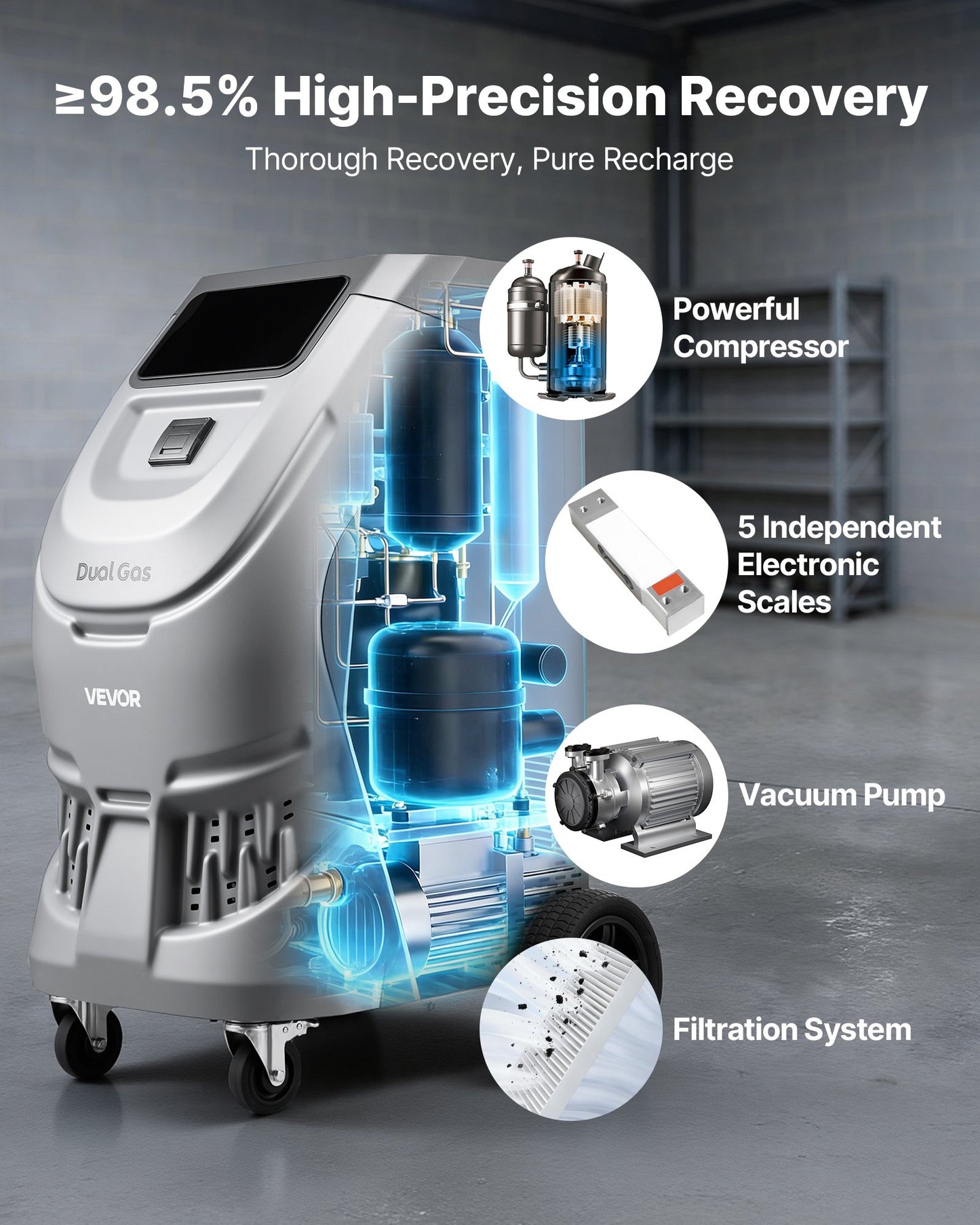 Automatic Refrigerant Recovery Machine for Automotive A/C R134a & 1234fy - 98.5% Accuracy, 10-Inch Touch Screen, Vacuum & Recharging