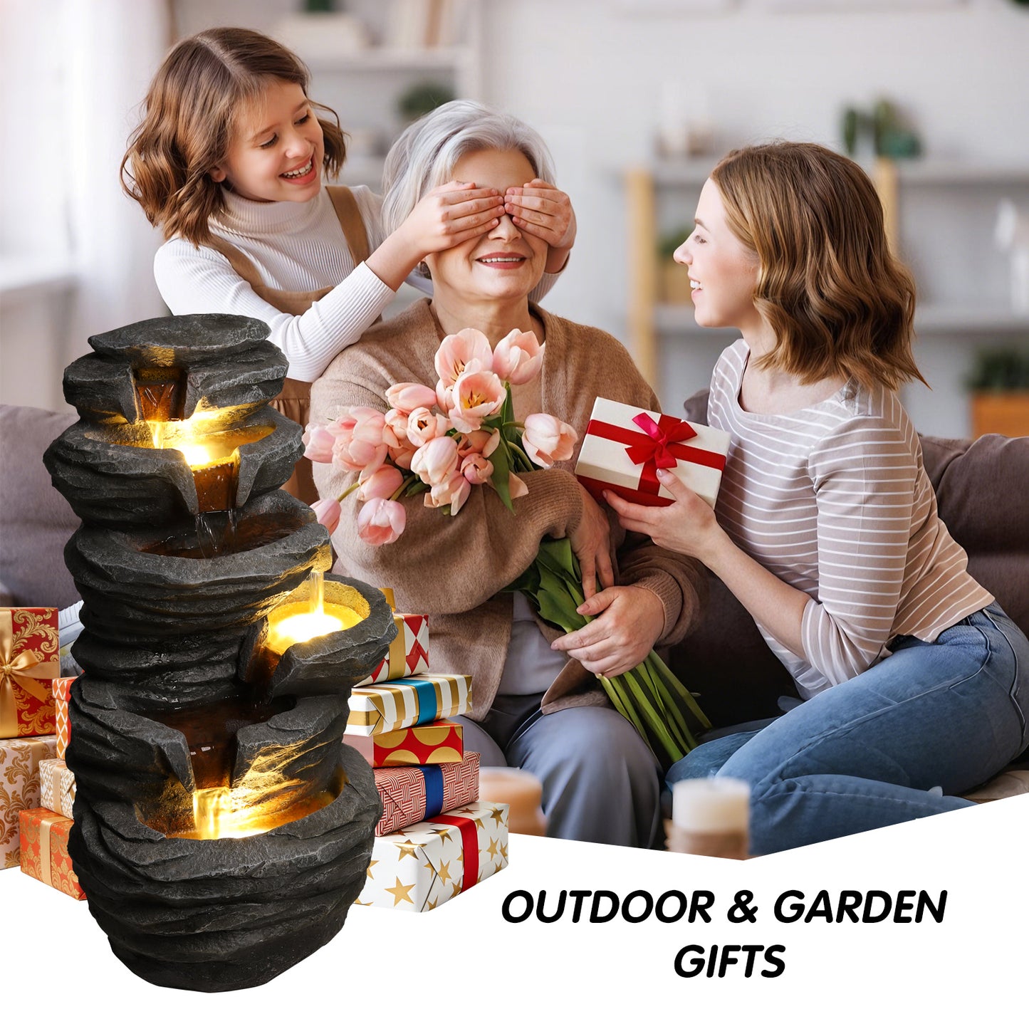 Outdoor Waterfall Fountain with Lights - Cascading Rock Design for Garden Patio Yard