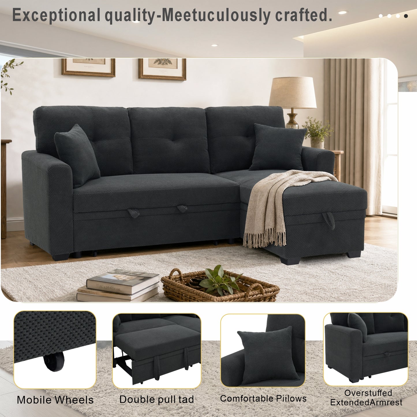 Reversible Chaise Sleeper Sofa Bed - Dark Gray, L-Shaped Sectional
