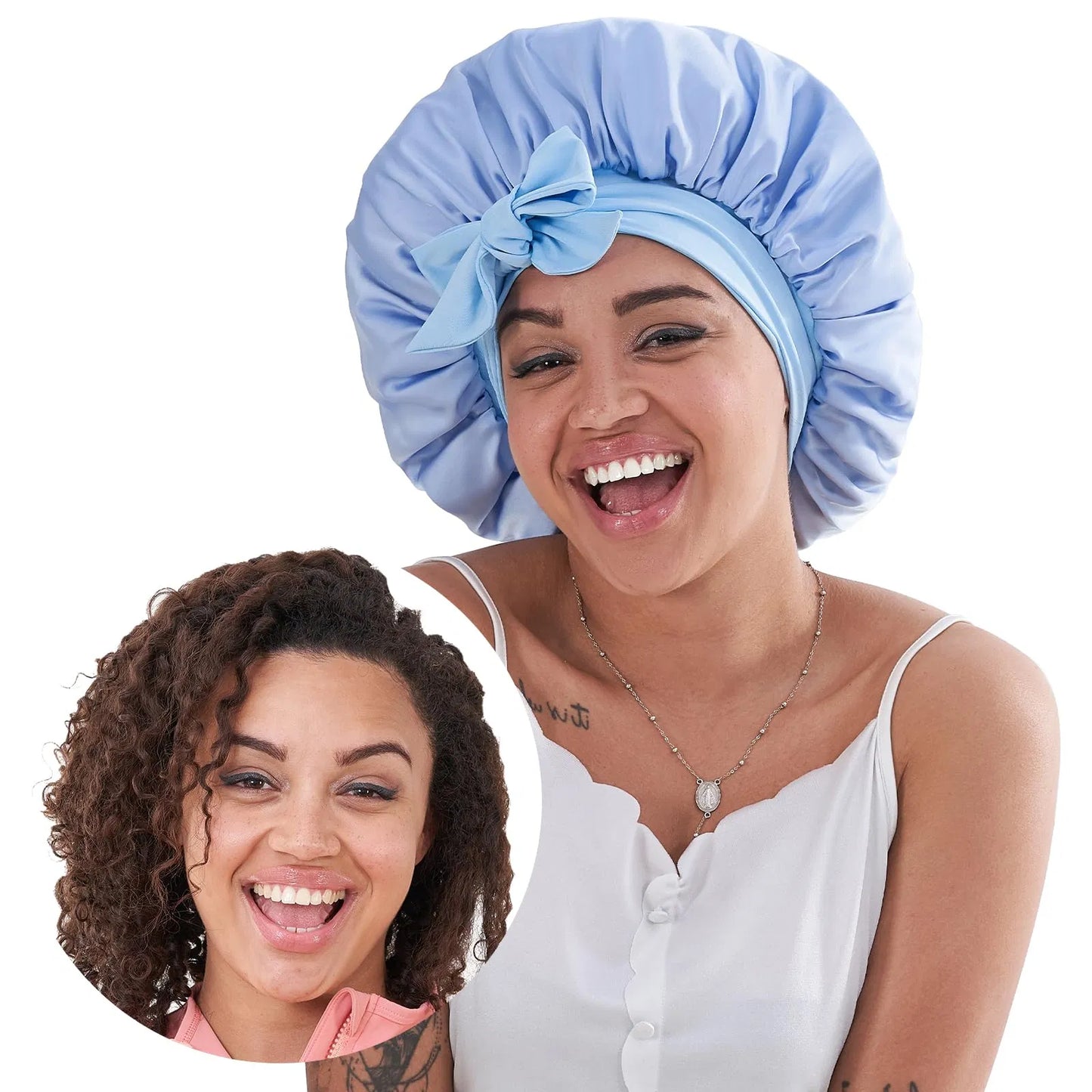 Adjustable Satin Hair Bonnet for Sleeping - Reversible Blue Silk Wrap