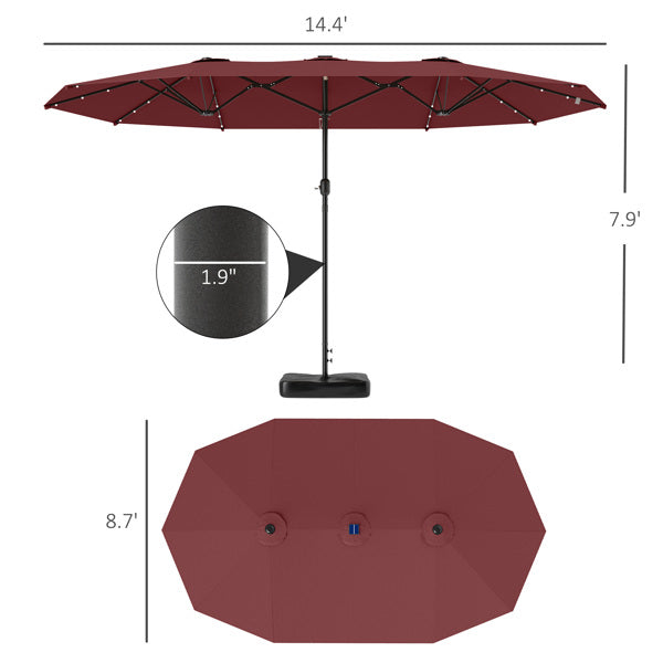 Beach Umbrella with Solar LED Light - Wine Red Double Canopy