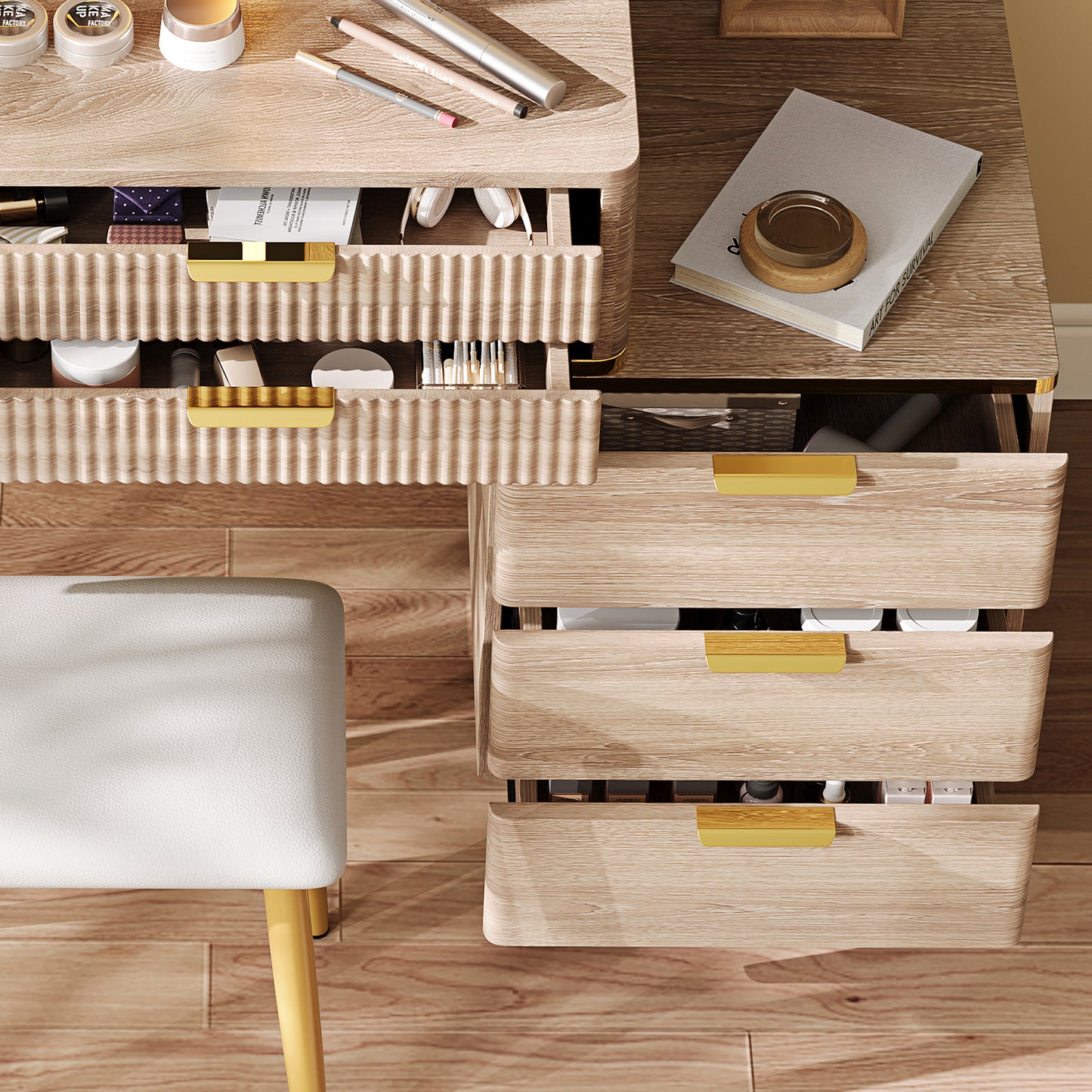 7-Drawer Vanity Desk With LED Mirror & Carved Details, Fluted Makeup