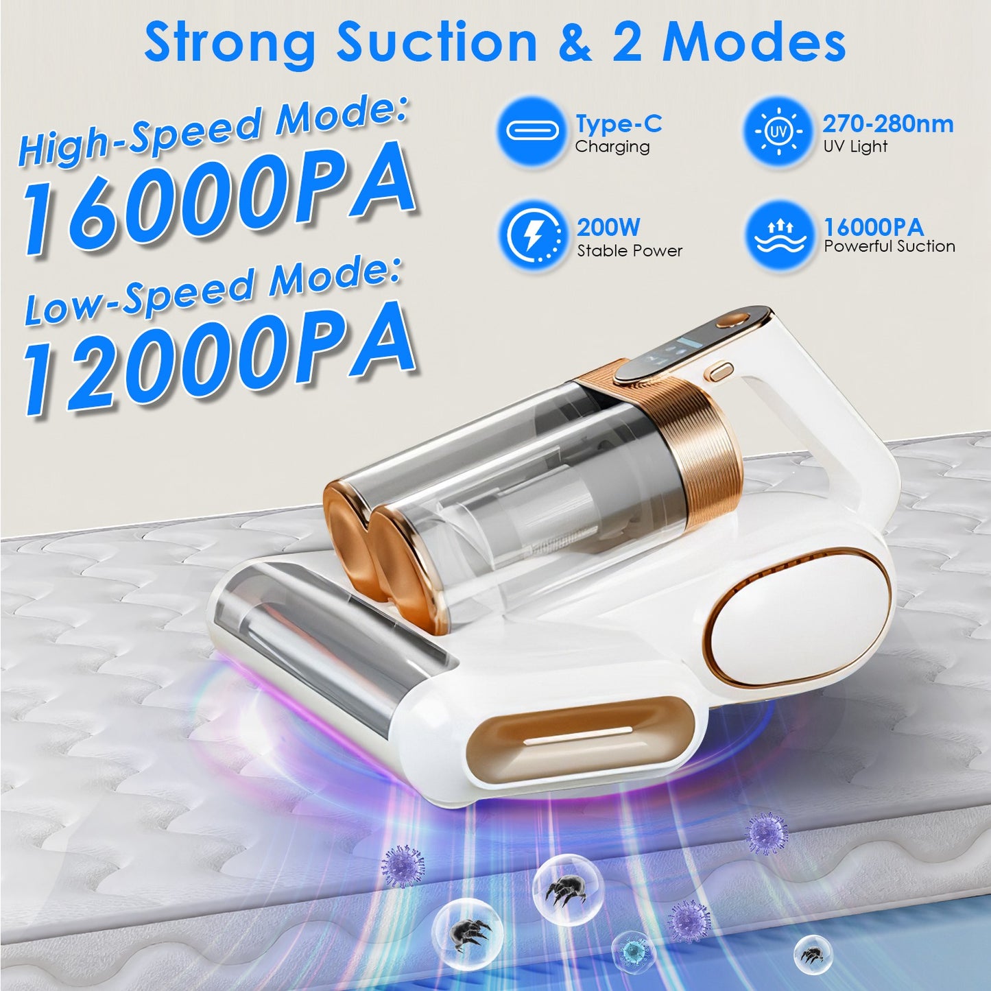 Cordless Mattress Vacuum Cleaner 16KPA UVC Ultrasonic Bed Cleaner Handheld with Dual Dust Bins