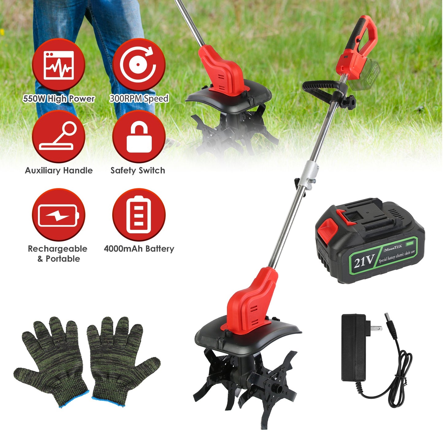 Cordless Electric Garden Tiller with 16 Steel Tines 9-Inch Width 550W
