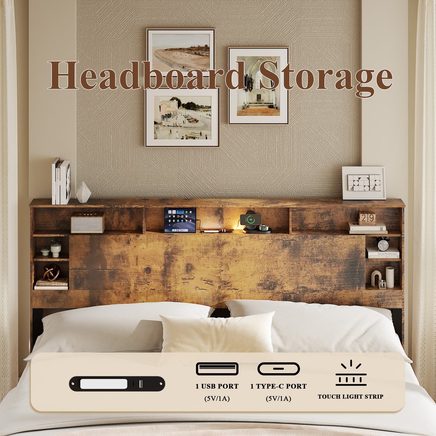 King Platform Bed Frame with Bookcase Headboard & LED Lighting
