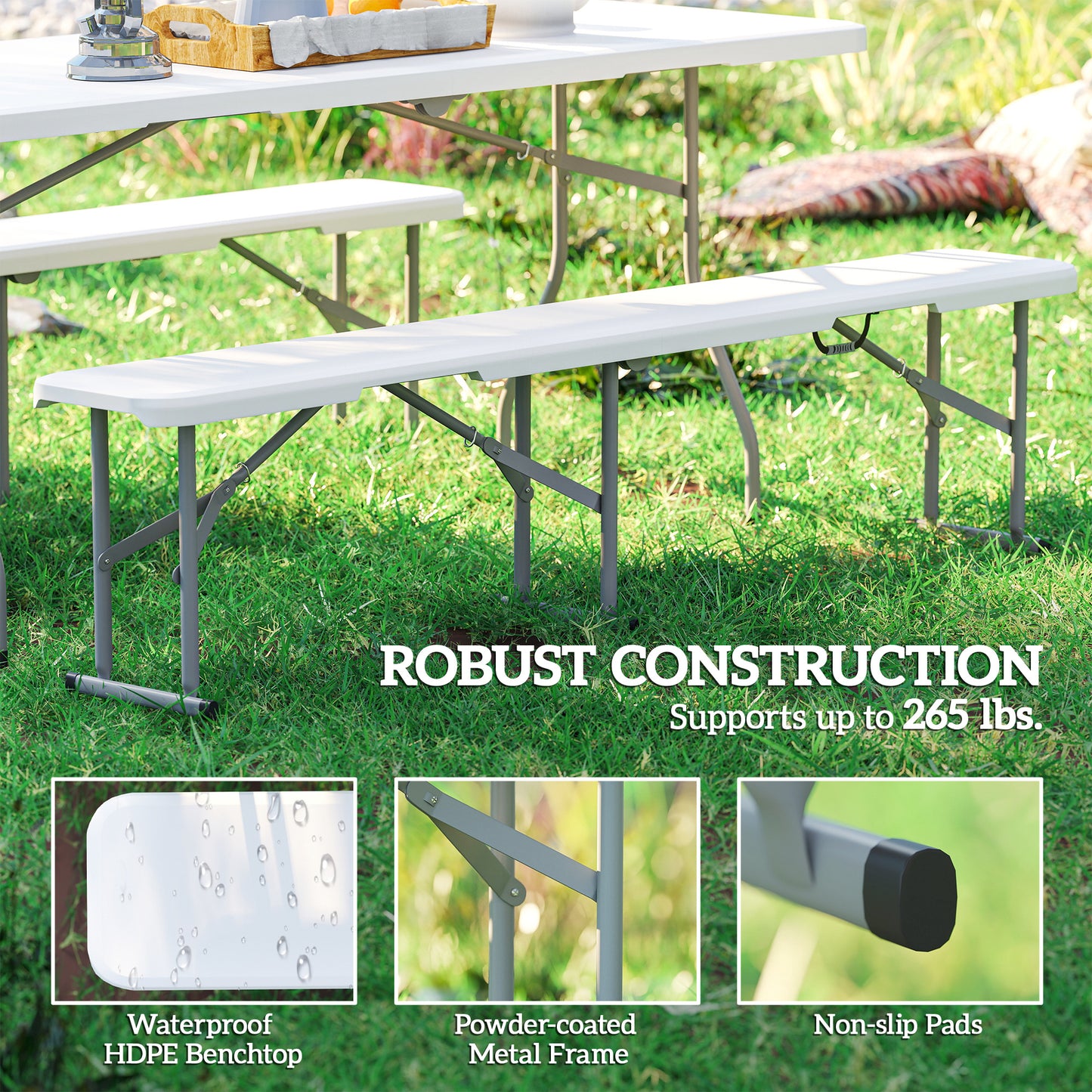 6 ft Portable Folding Bench Seats - Set of 2 for Camping, White