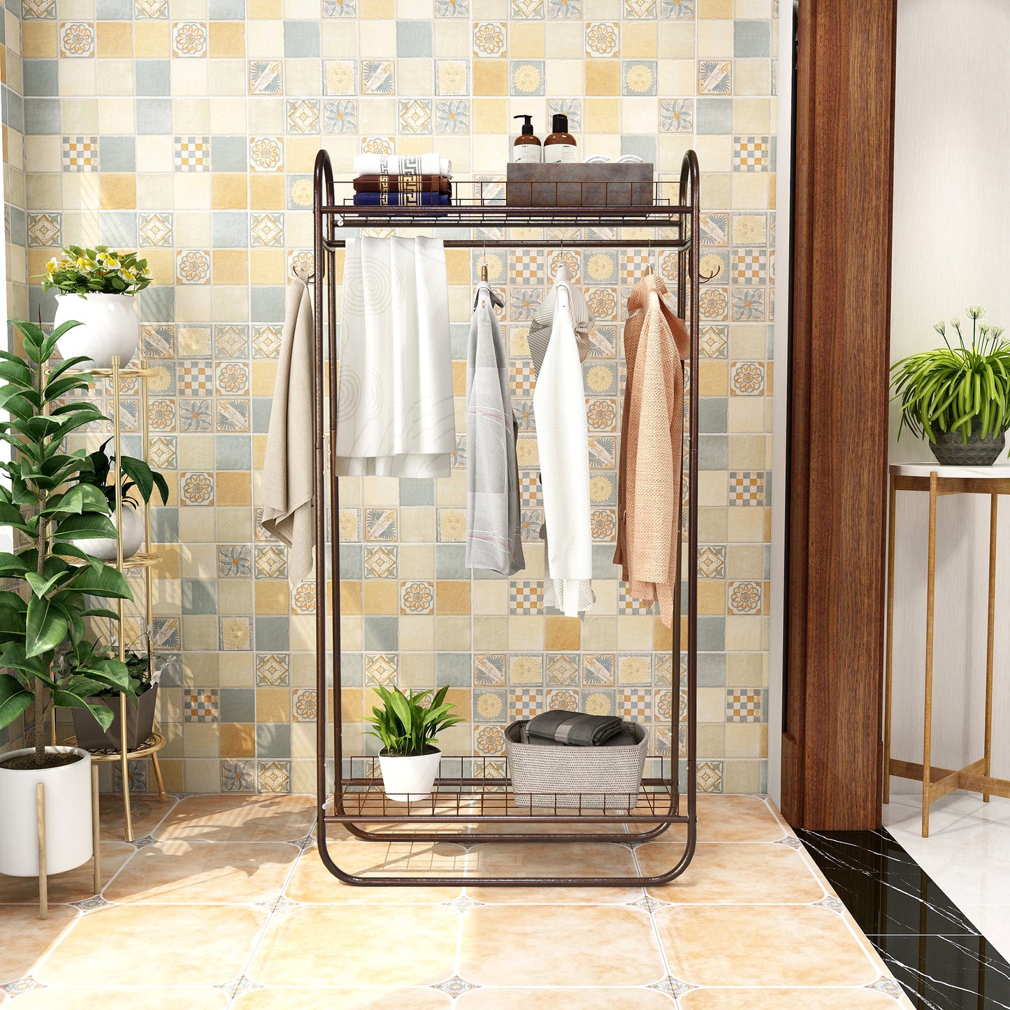 Heavy Duty Freestanding Clothing Rack with Double Shelves - Brown