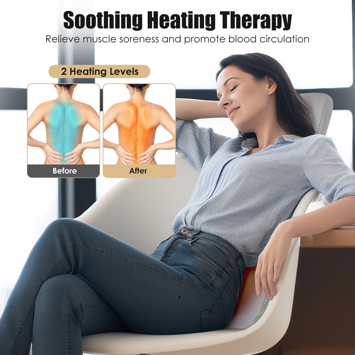 Full Back Massager with Heating & Rolling Nodes - Deep Tissue Shiatsu Chair Pad for Lumbar and Upper Lower Back Relief - Grey